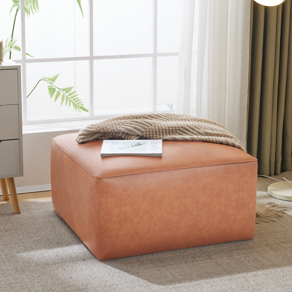 Upholstered Square PU Leather Ottoman Tan Brown 26.6x29.6x15.2