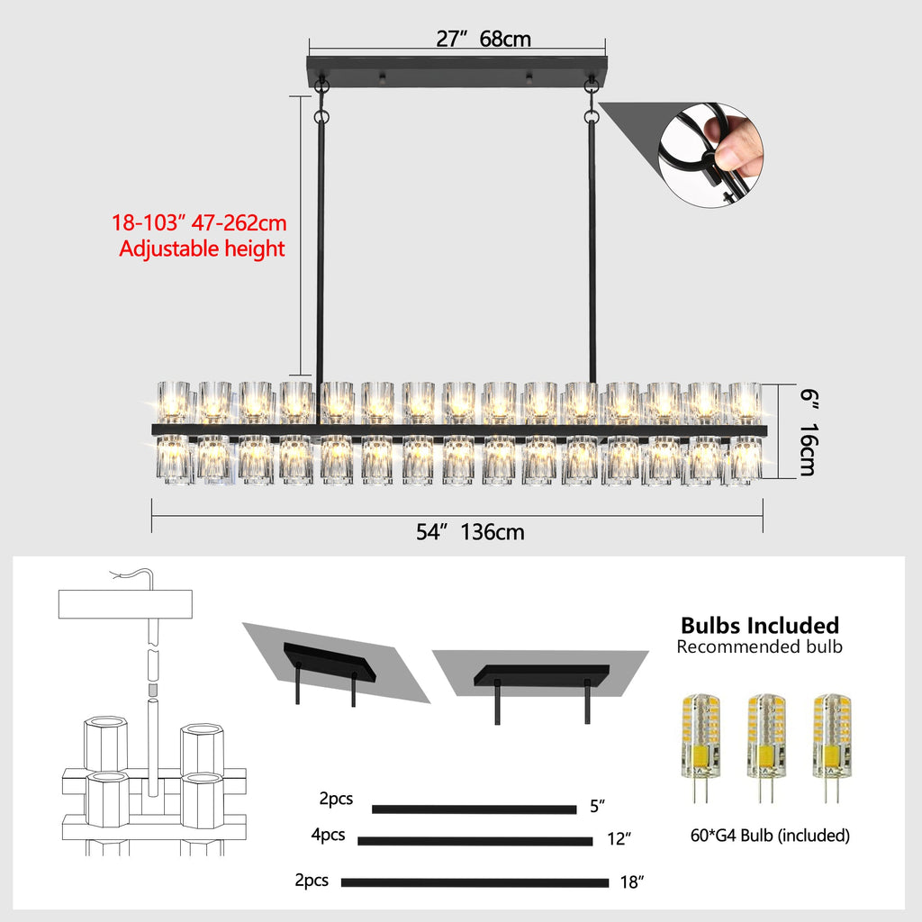 Rectangular Crystal Chandelier Black Frame K9 Crystals Living Dining