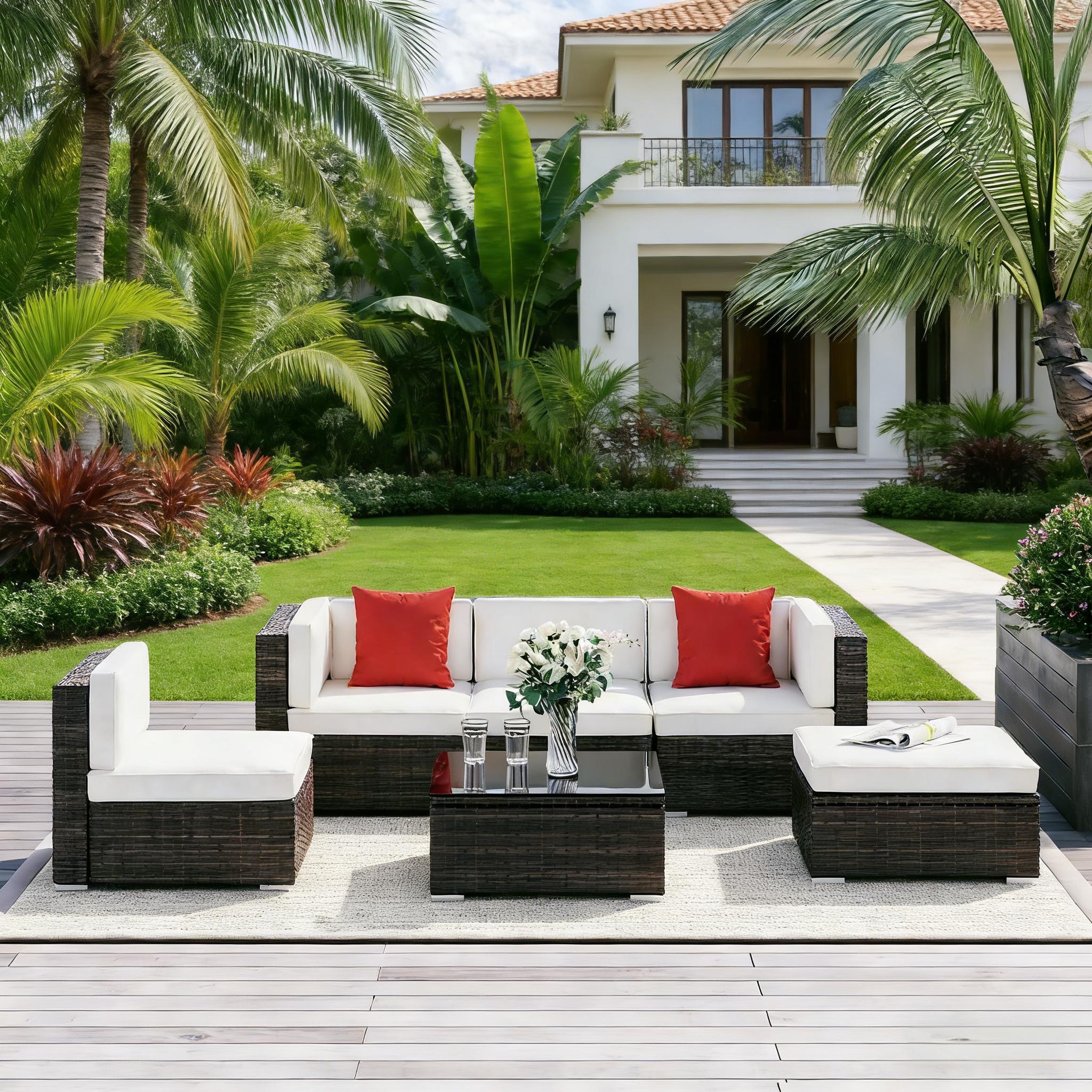 Outdoor Sectional Set PE Rattan Steel Brown Cream 6 Piece 395 LB