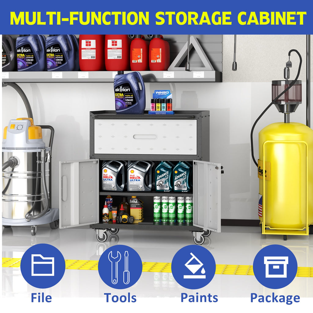 Metal Tool Cabinet with Wheels and Locking Doors