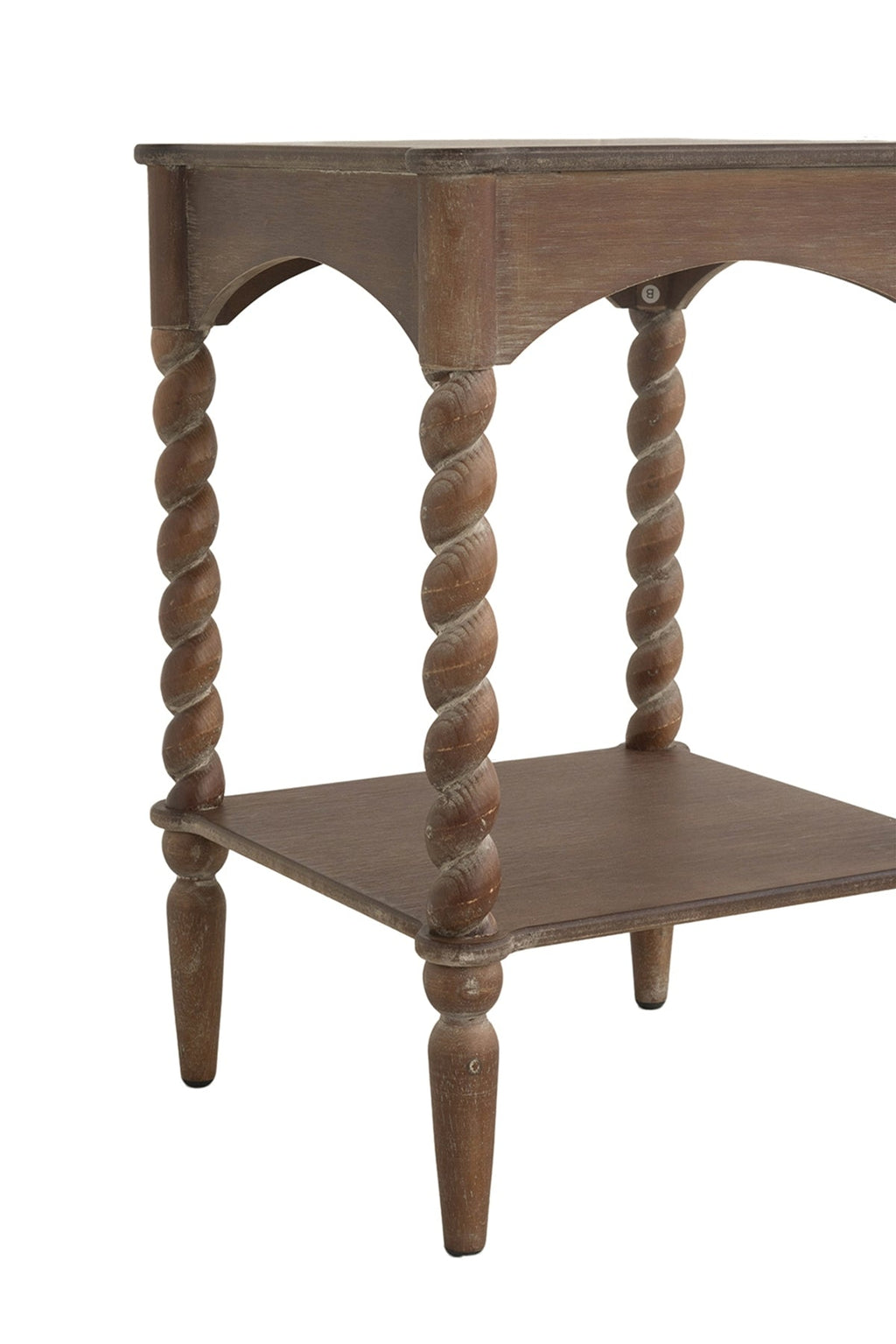 Distressed Brown Wood Side Table Spiral Legs Shelf