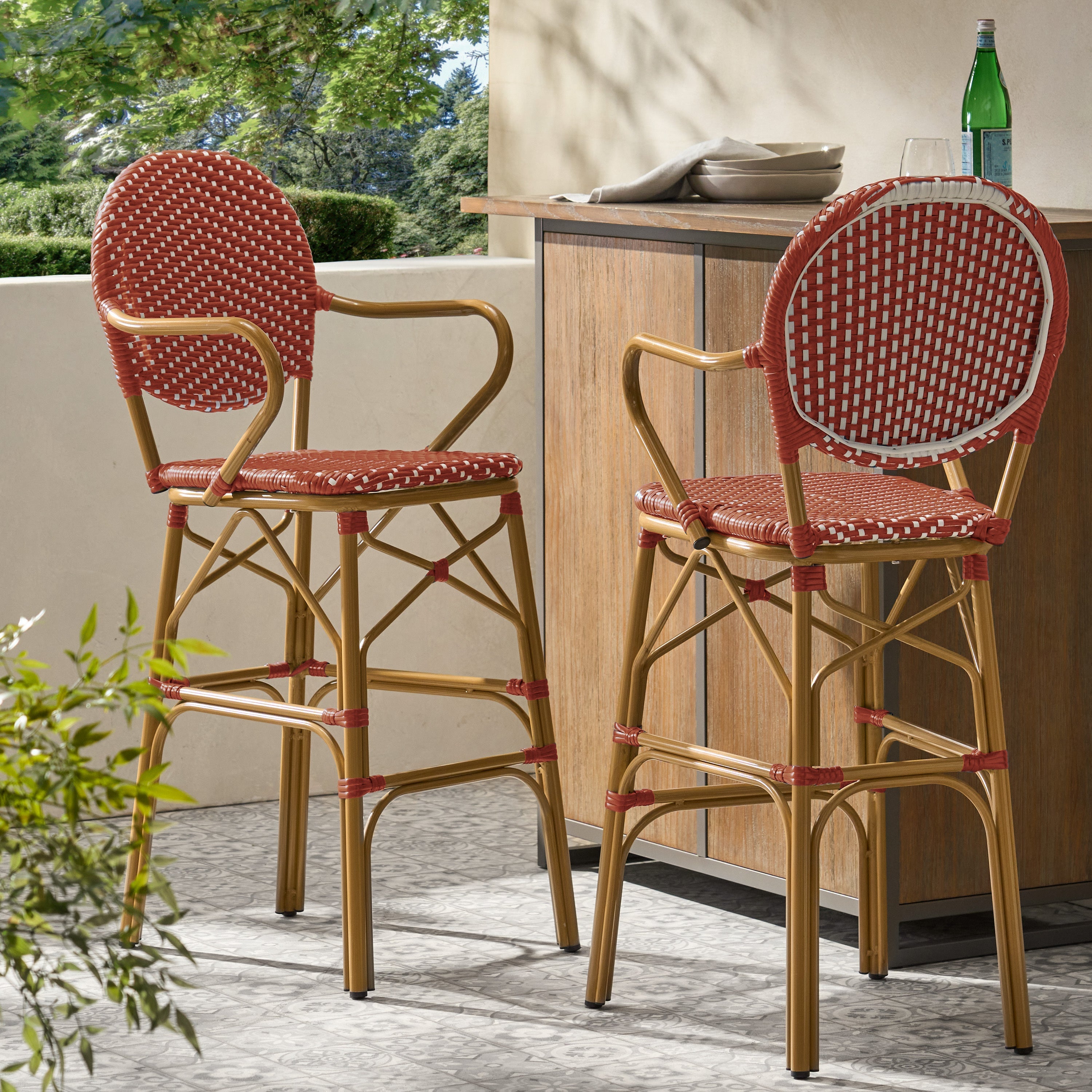 Outdoor Wicker Aluminum Barstool Set of 2, 29.5", Red