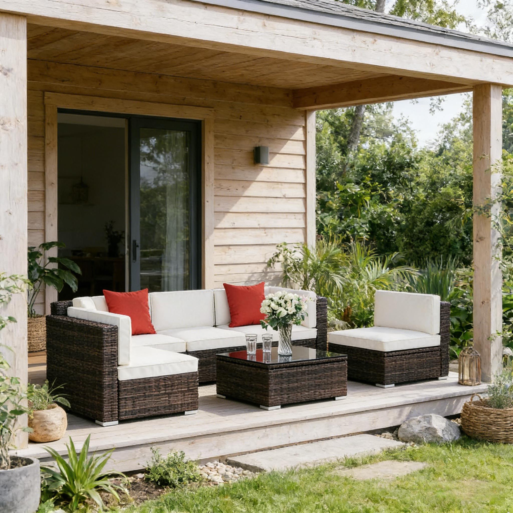 Outdoor Sectional Set PE Rattan Steel Brown Cream 6 Piece 395 LB