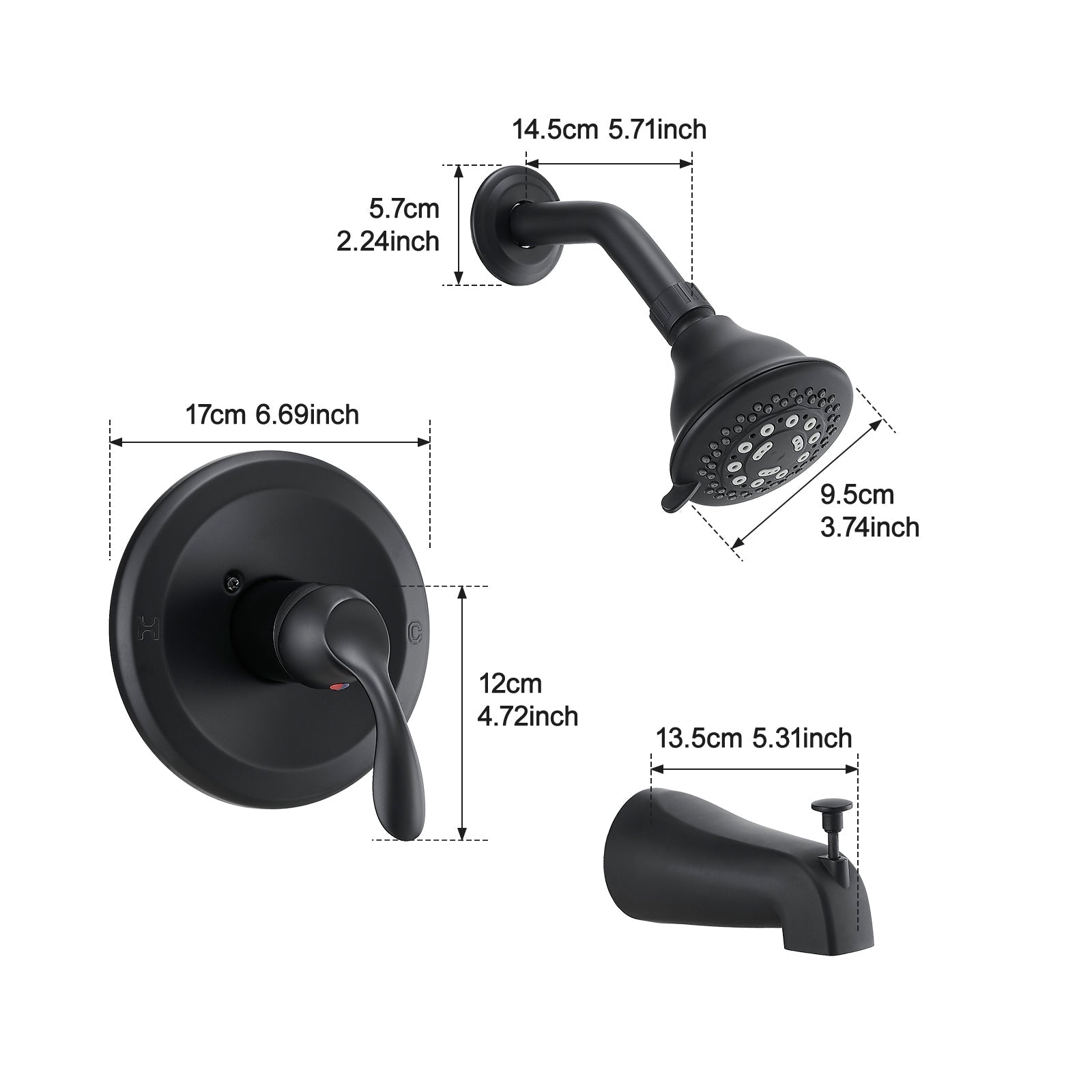 Matte Black Tub Shower Faucet Combo 5-Spray Rain Head