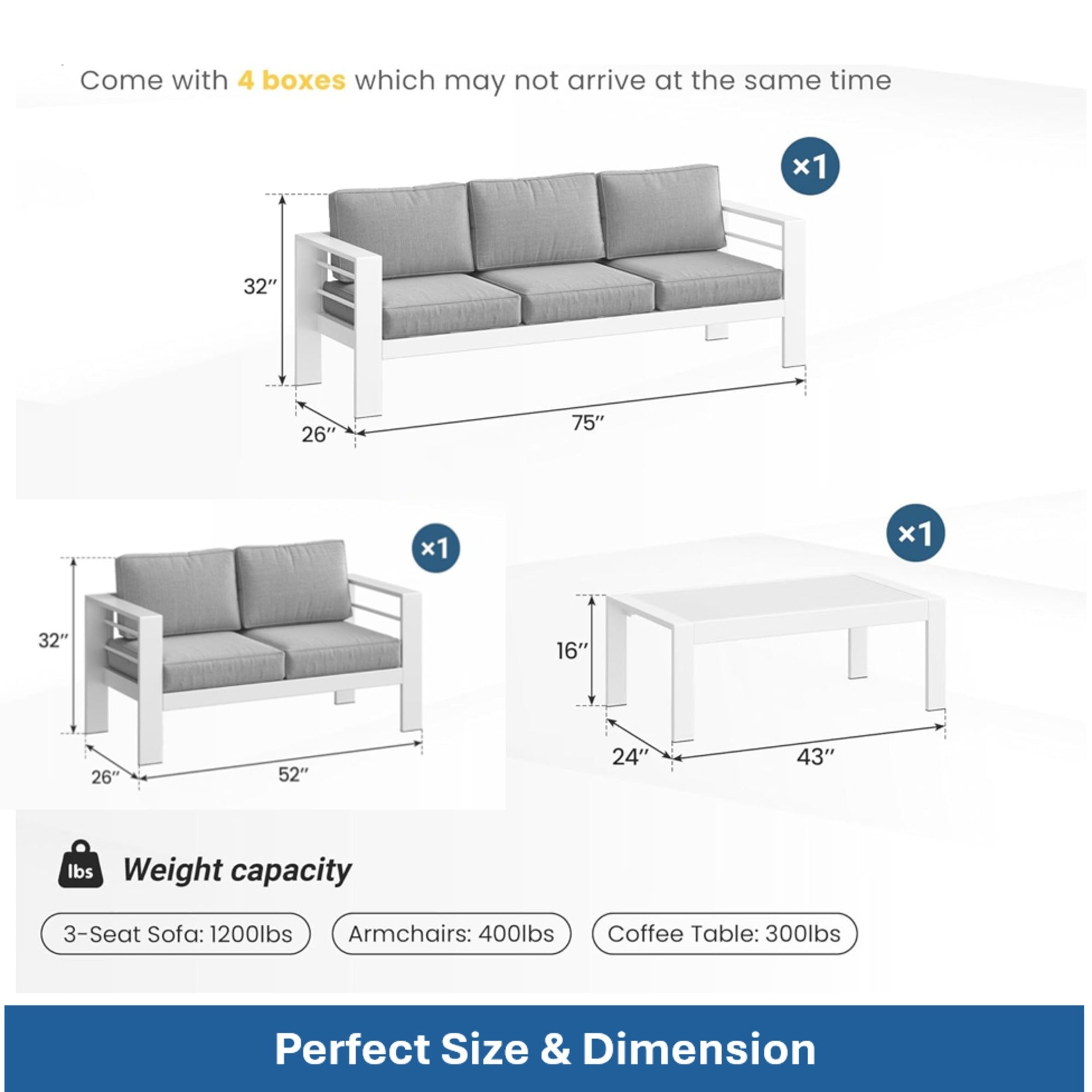 Outdoor Patio Set 3-Piece Aluminum White Gray Cushions