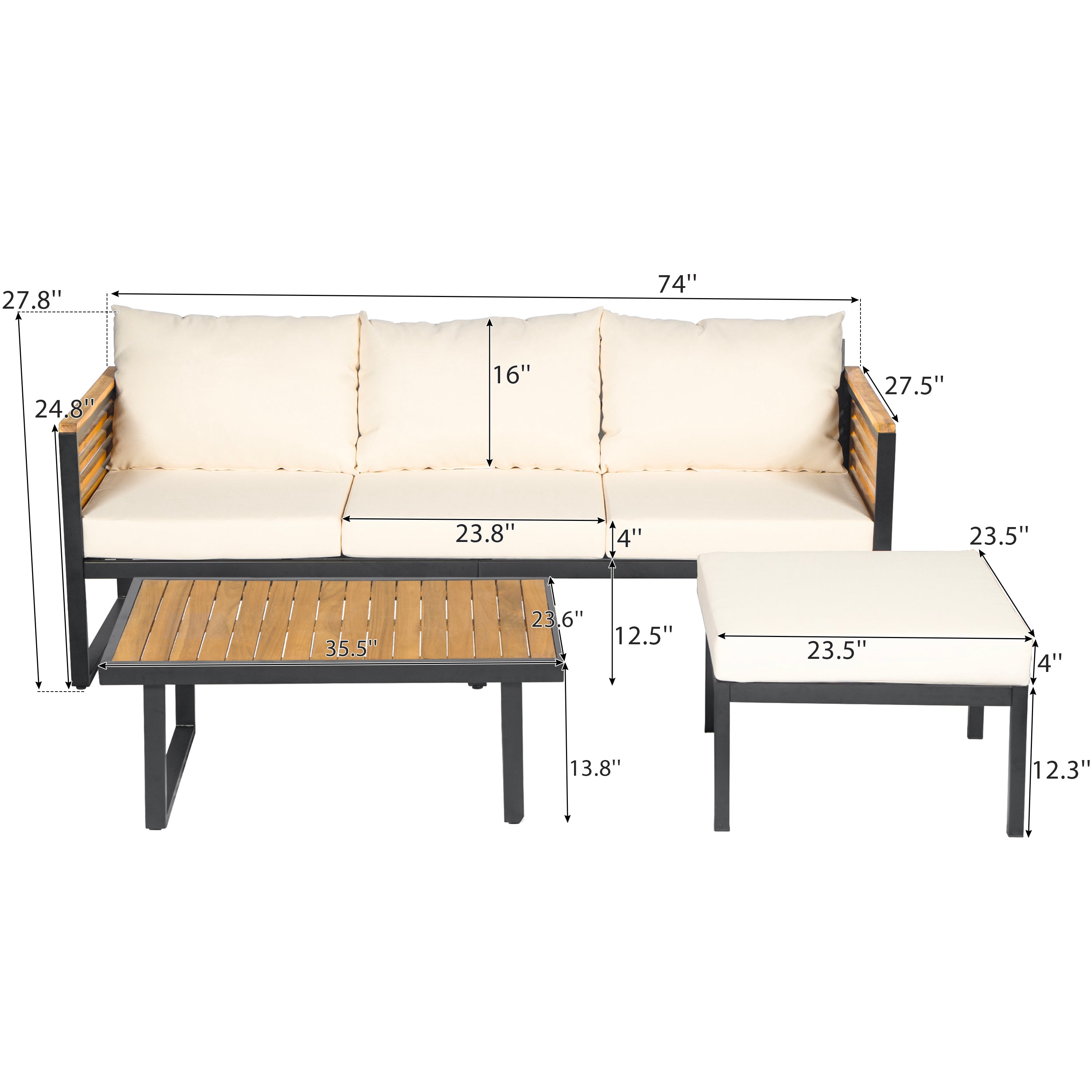 3 Piece Outdoor Patio Set Acacia Wood Steel