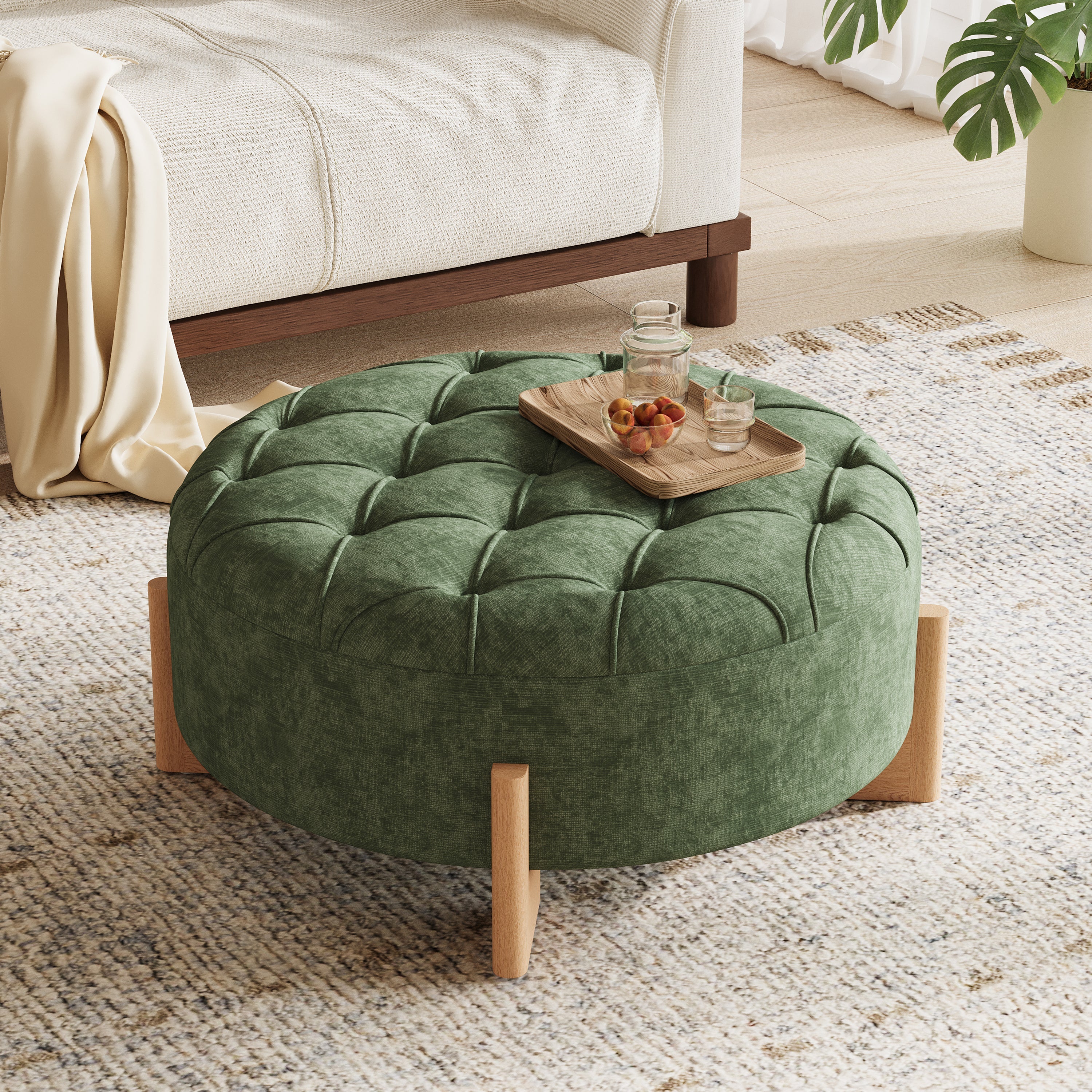 32' Round Tufted Ottoman with Solid Wood Legs, Chenille Fabric Footrest
