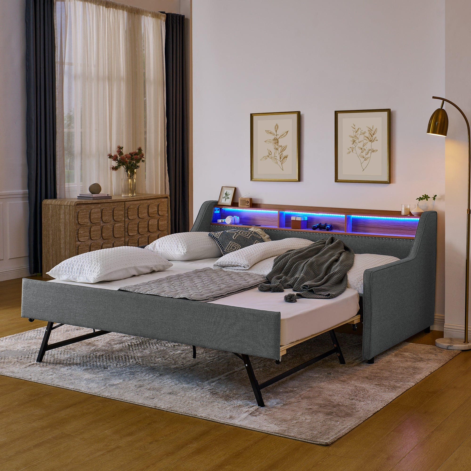 Grey Linen Twin Sofa Bed LED Lights Storage Headboard