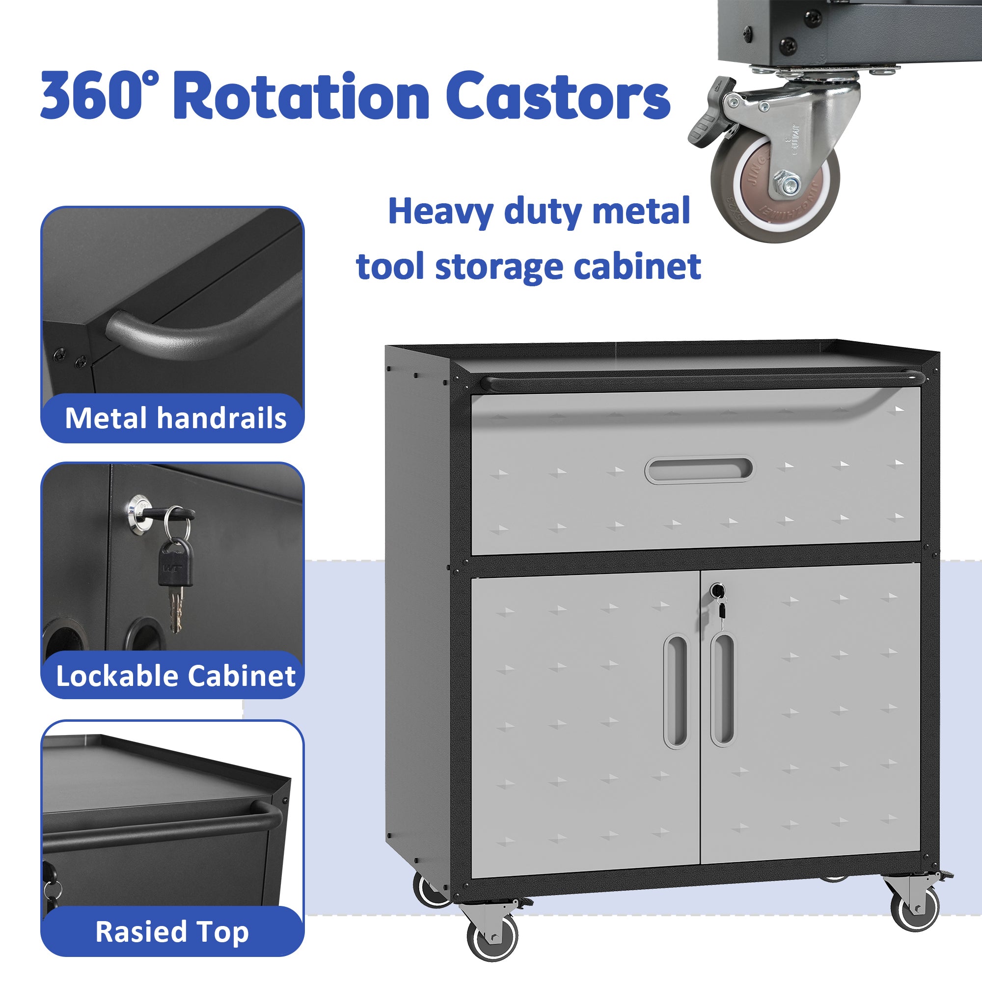 Metal Tool Cabinet with Wheels and Locking Doors