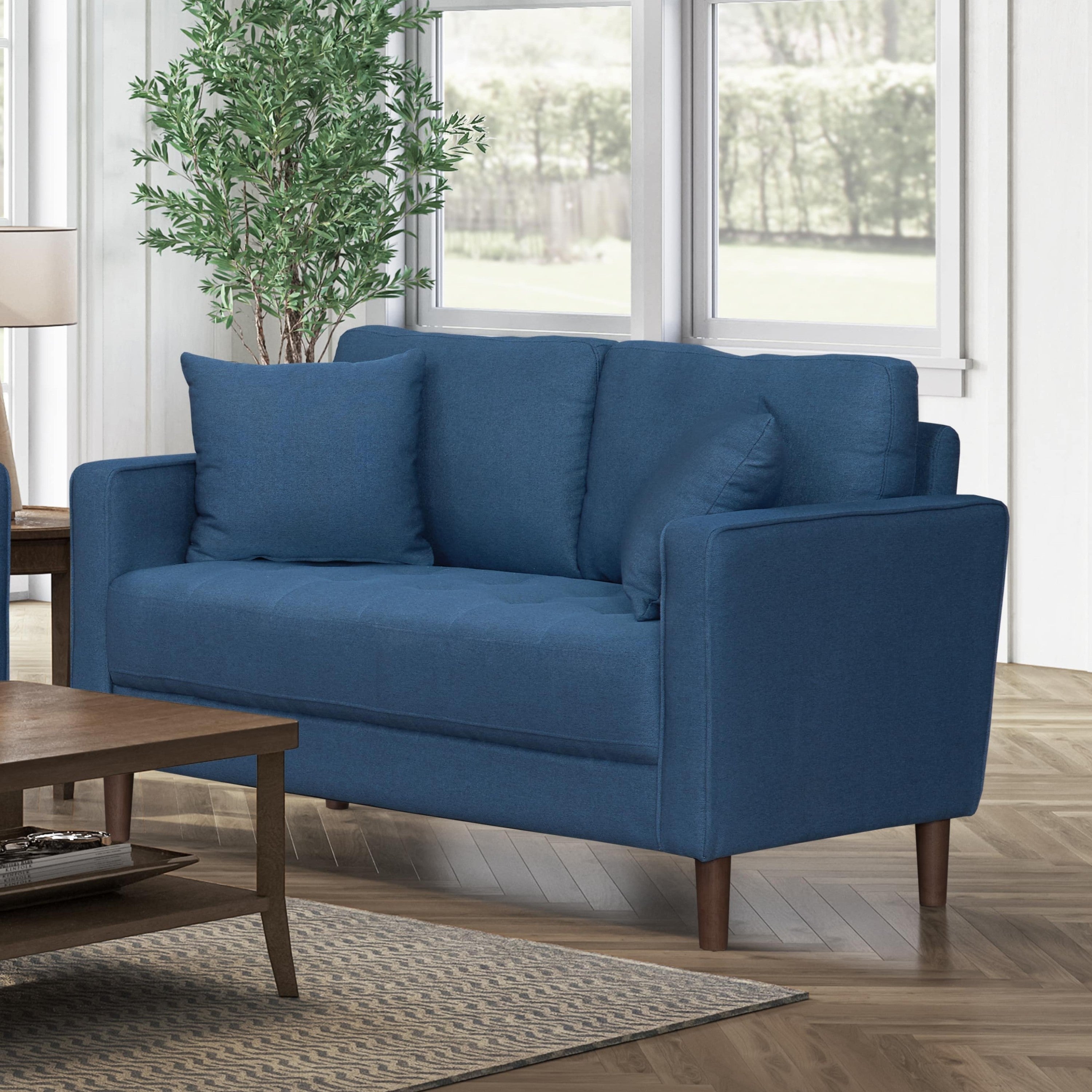 Blue Tufted Plush Upholstered Love Seat