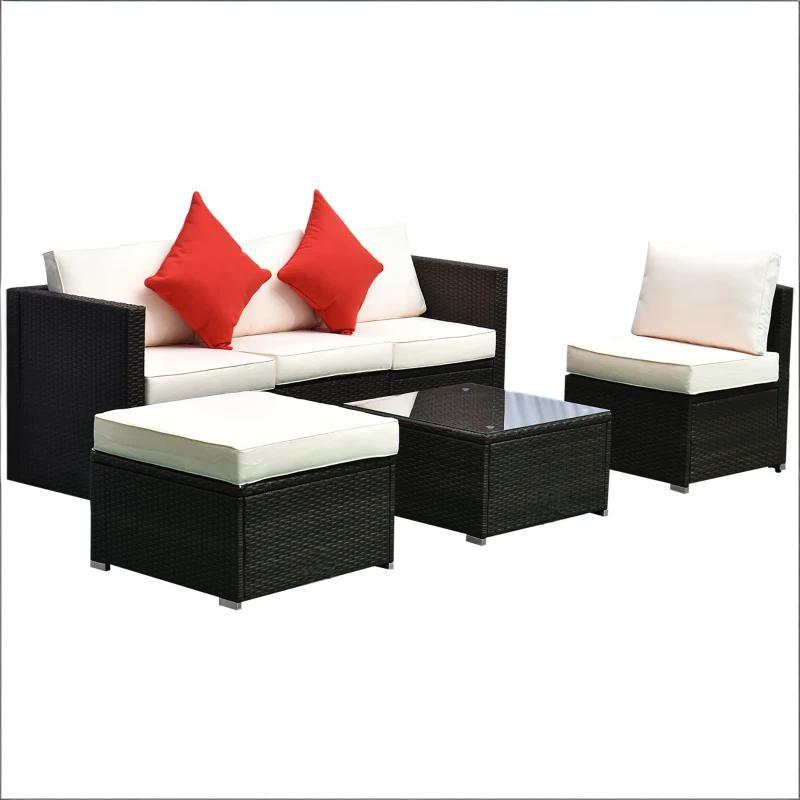 Outdoor Sectional Set PE Rattan Steel Brown Cream 6 Piece 395 LB