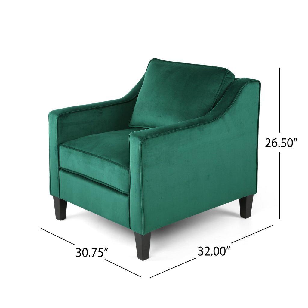 Club Chair Contemporary Velvet Green Birch Legs 31x34x34 In Tonal Piping
