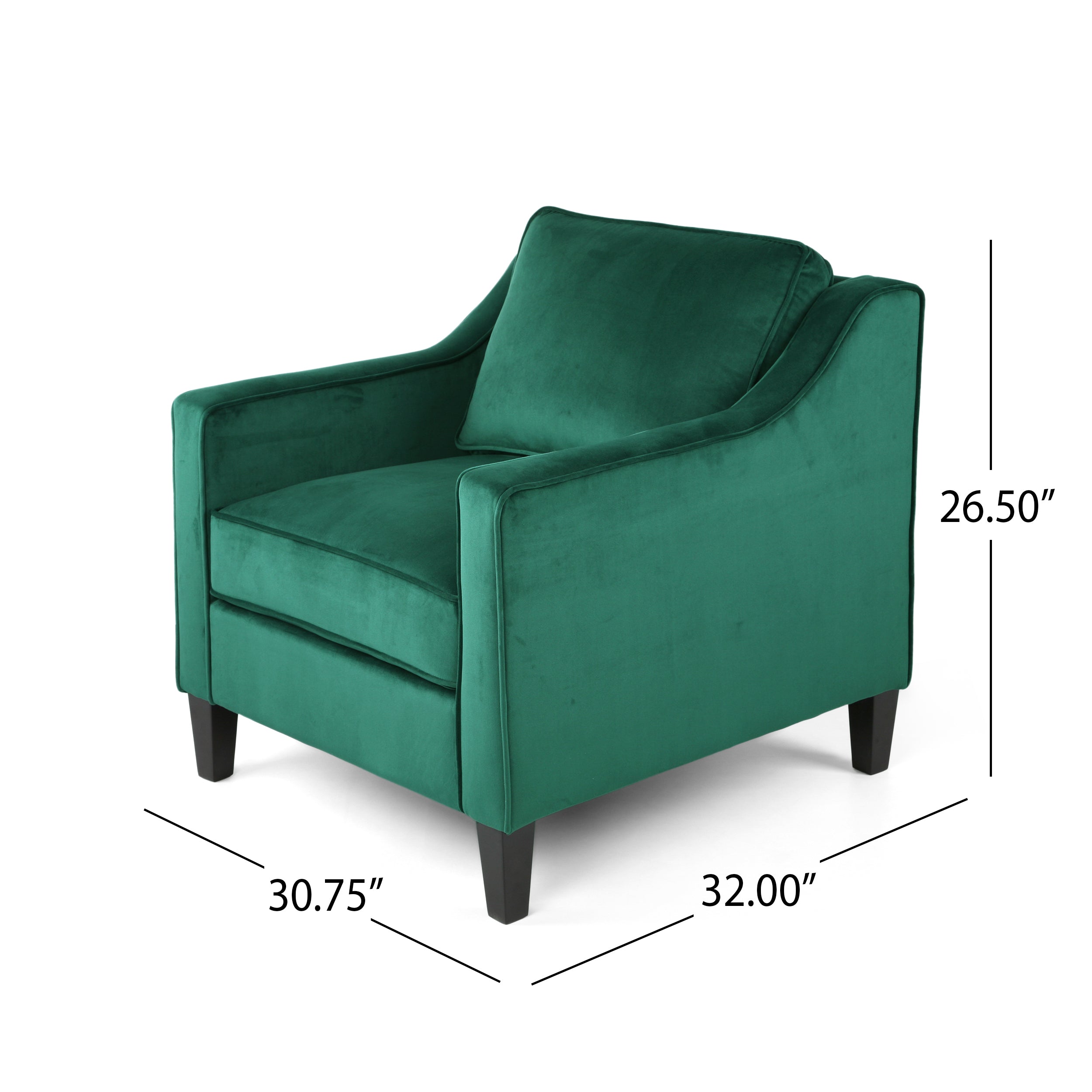 Club Chair Contemporary Velvet Green Birch Legs 31x34x34 In Tonal Piping