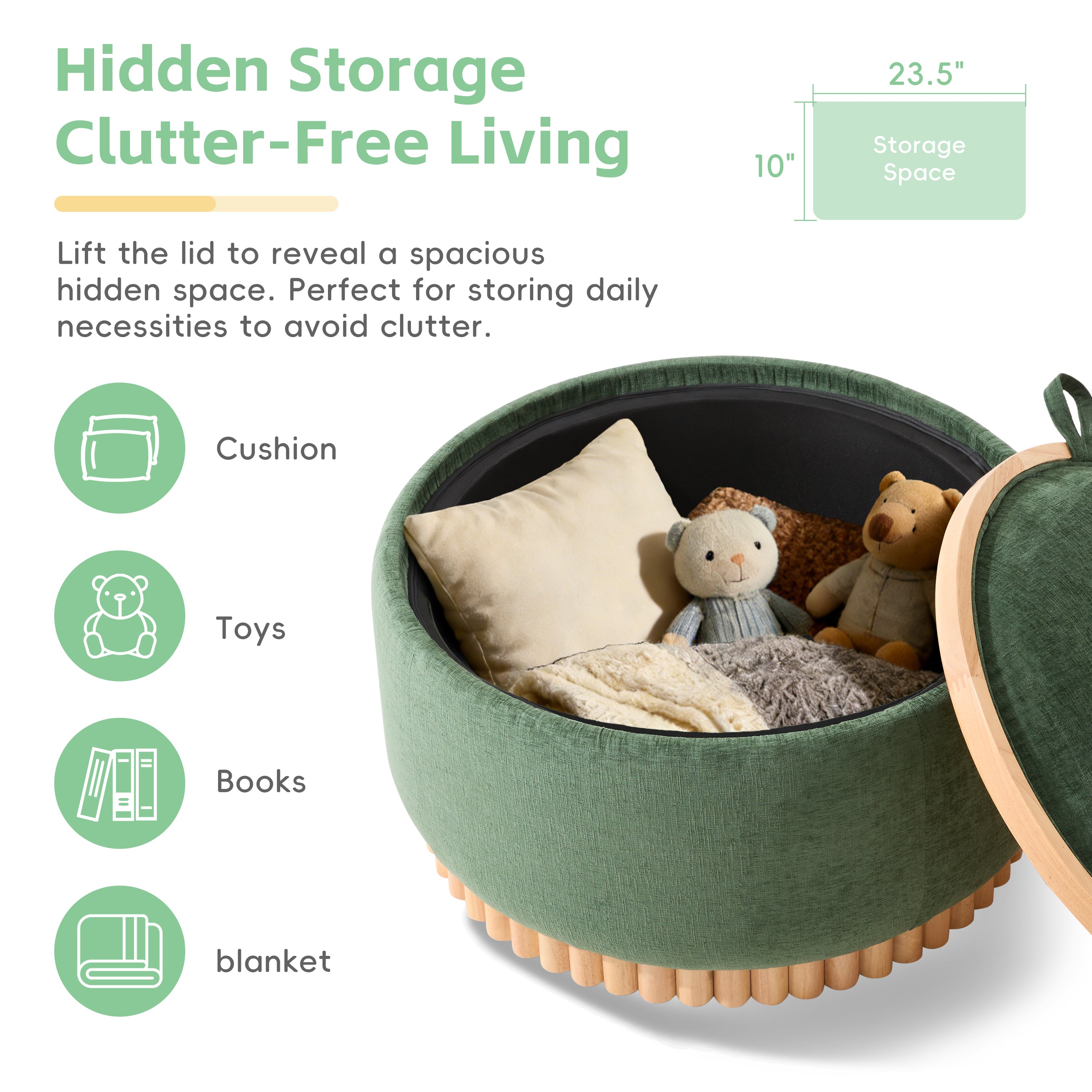 29 Inch Round Storage Ottoman Solid Rubberwood Legs Chenille, Green