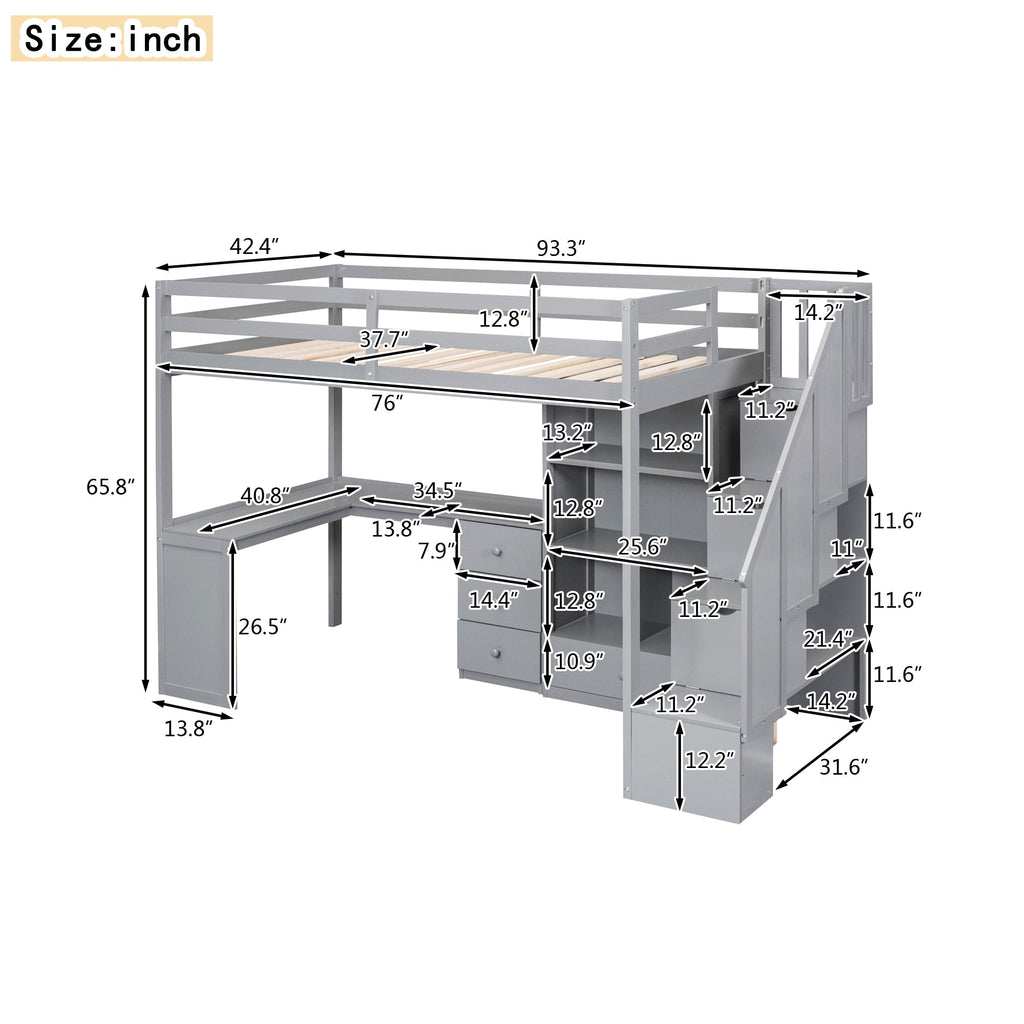 Gray Twin Size Loft Bed with L-Shaped Desk, Drawers, Cabinet and Storage Stai...