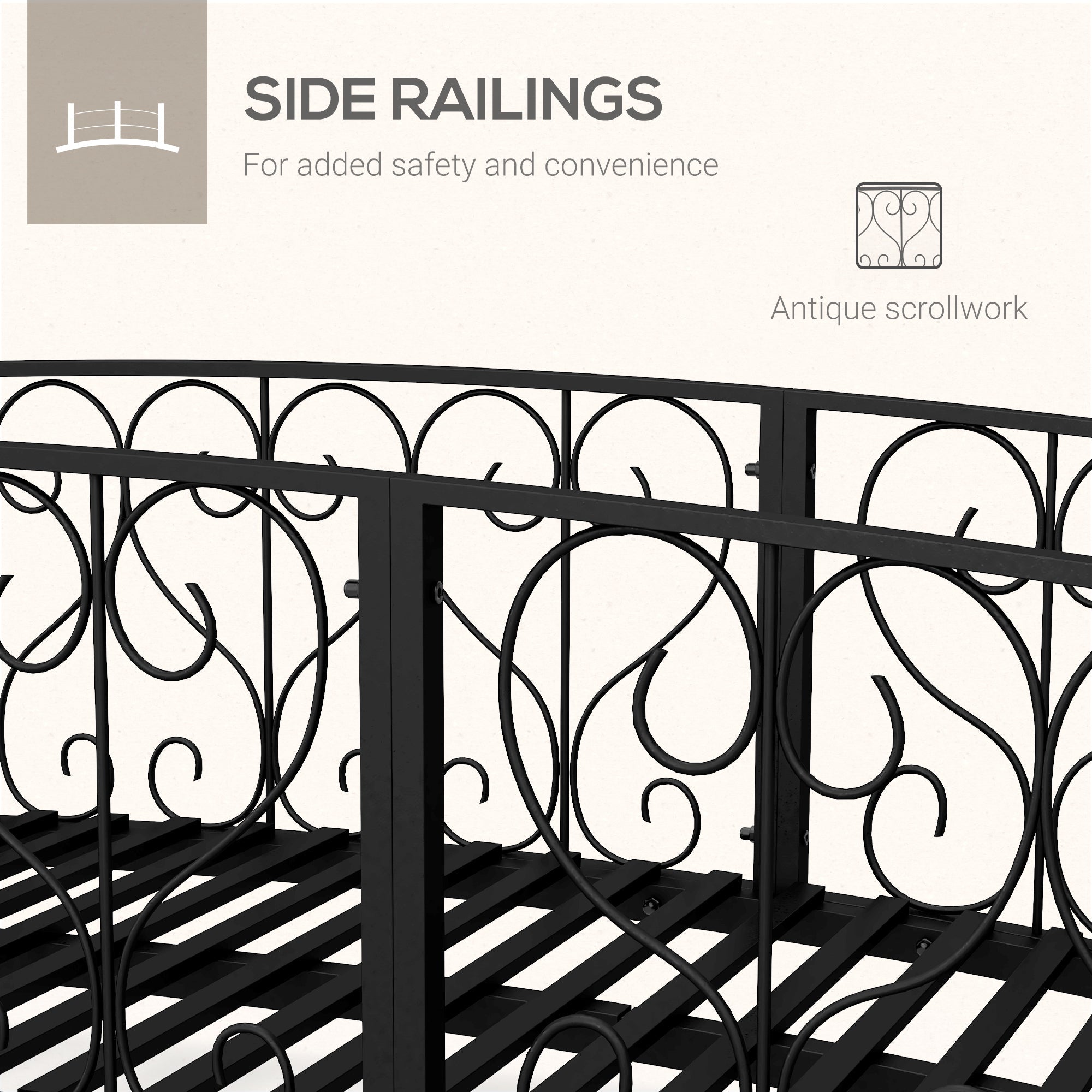7' Metal Arch Garden Bridge with Safety Siderails Black