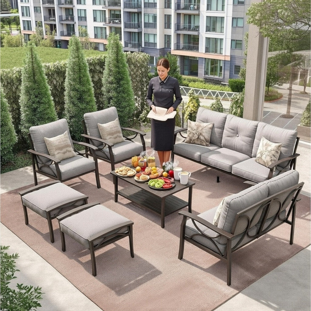 Outdoor Patio Set Steel 7 Piece Seats 9 Khaki Gray