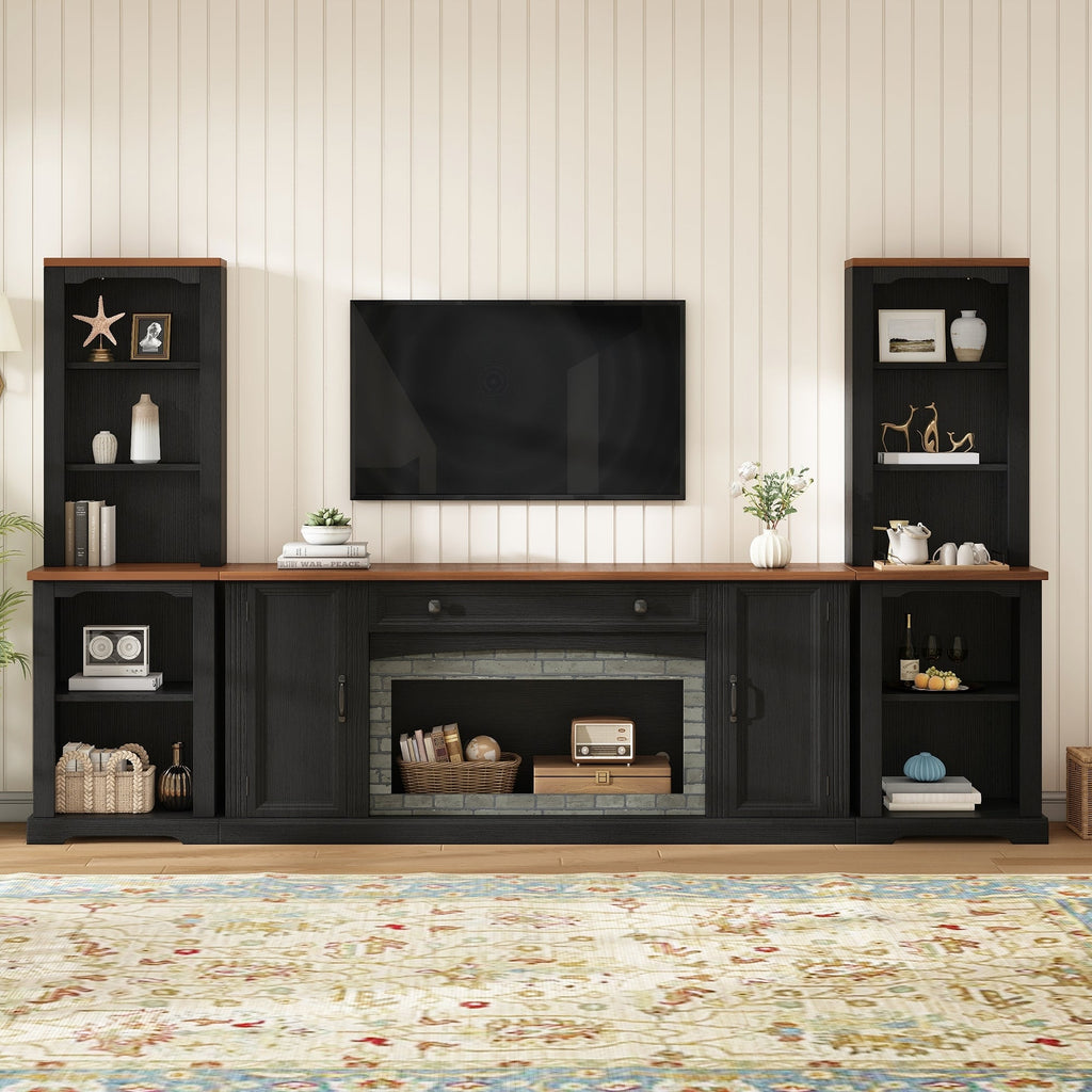 TV Stand 3-Piece Set MDF Walnut Gray Curved Cabinets Fits 70 In TV 109 In