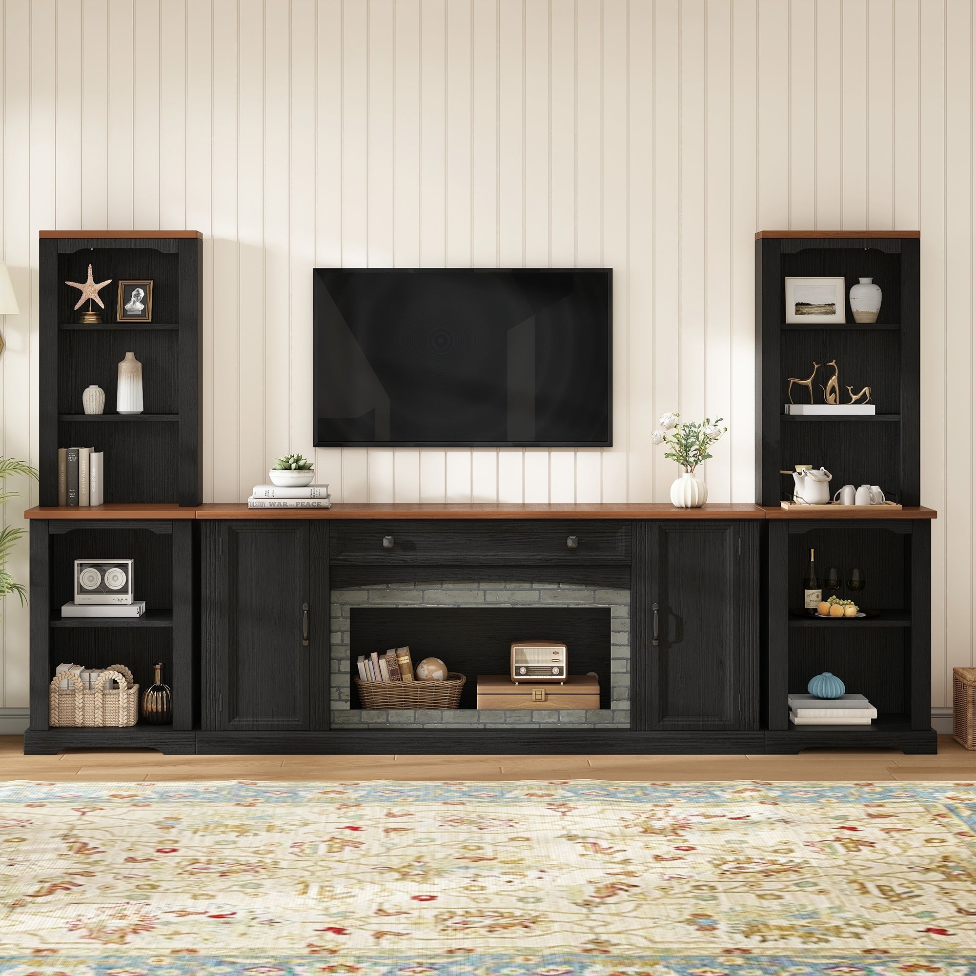 TV Stand 3-Piece Set MDF Walnut Gray Curved Cabinets Fits 70 In TV 109 In