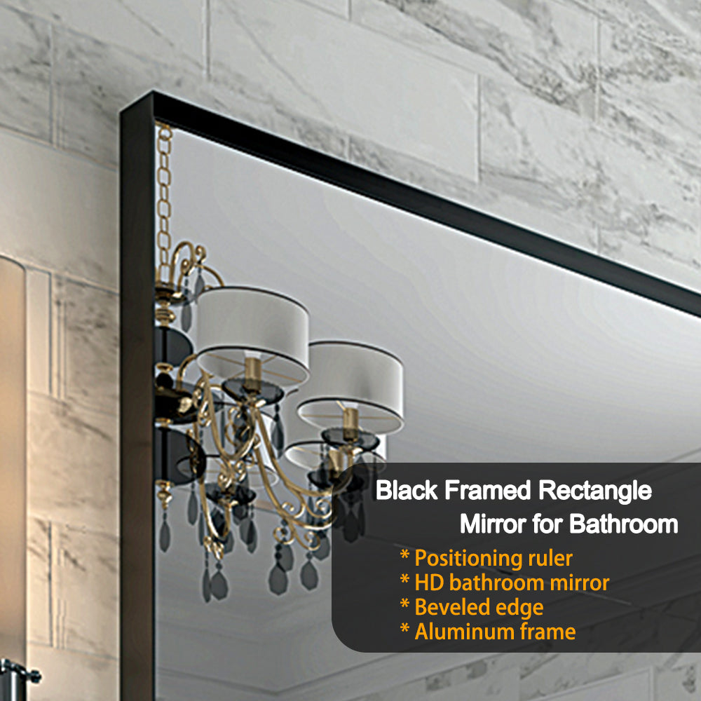 40x30" Glossy Black Bathroom Vanity Mirror Rectangle Wall Mount