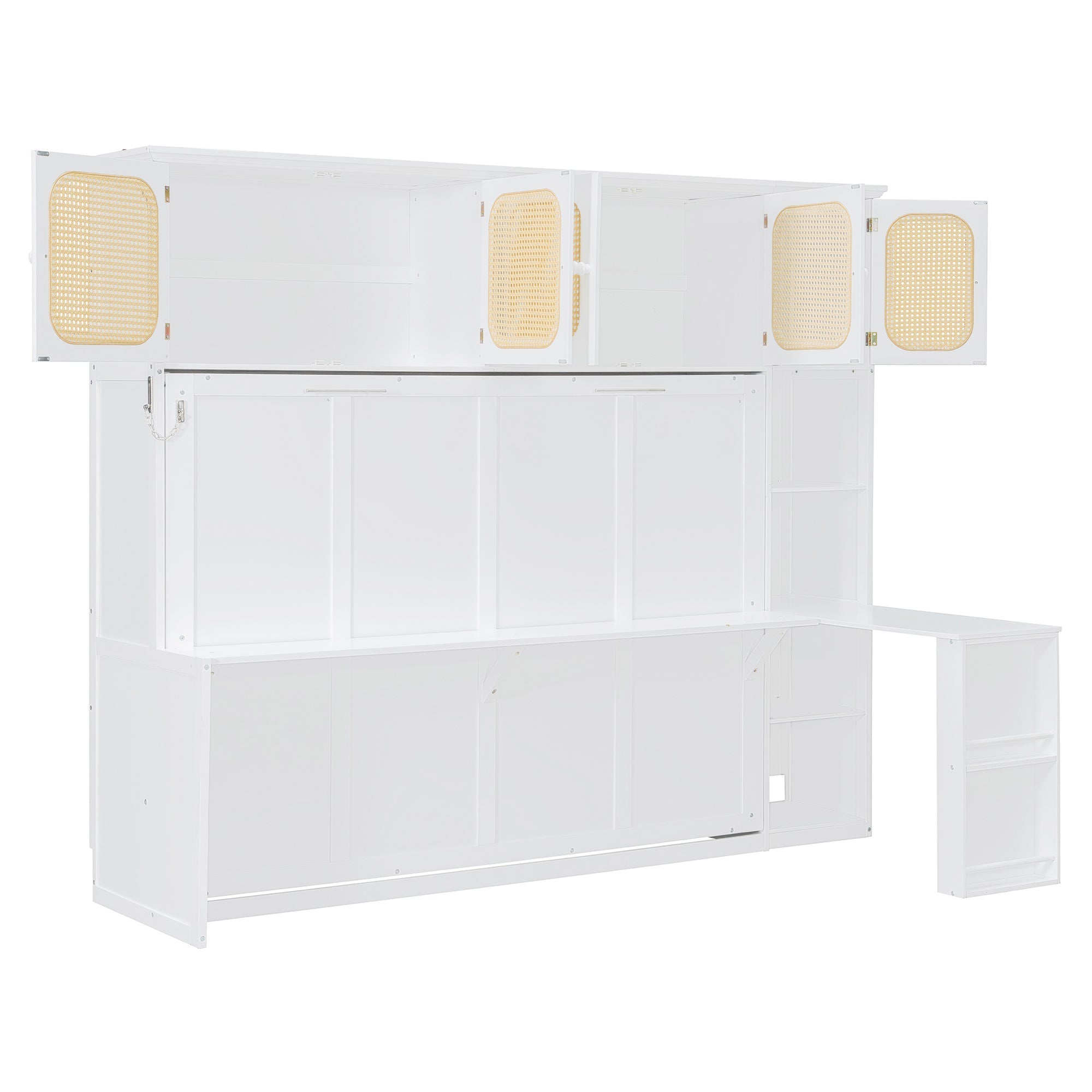 Murphy Bed with Desk and Rattan Cabinets, Warm White