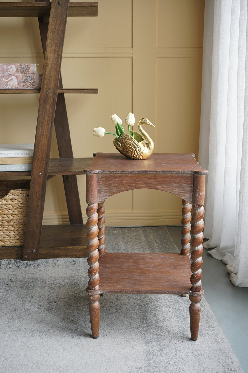Distressed Brown Wood Side Table Spiral Legs Shelf