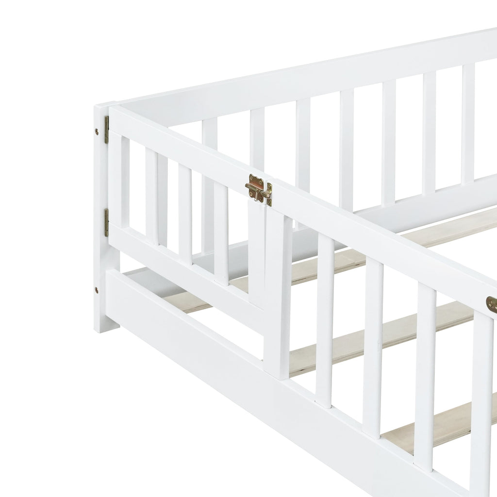 Queen Size Floor Bed with Safety Guardrails and Door