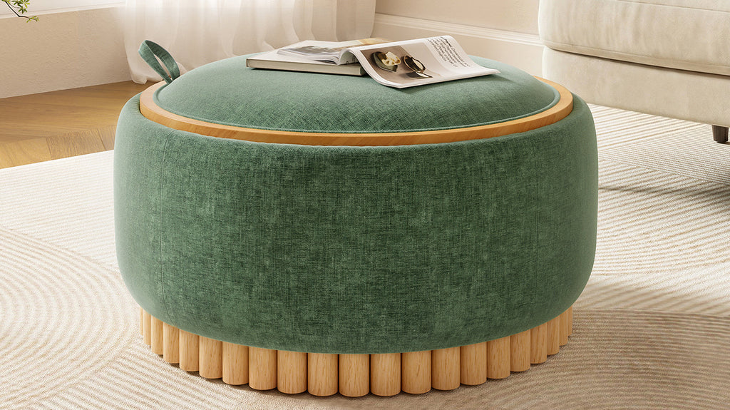 29 Inch Round Storage Ottoman Solid Rubberwood Legs Chenille, Green