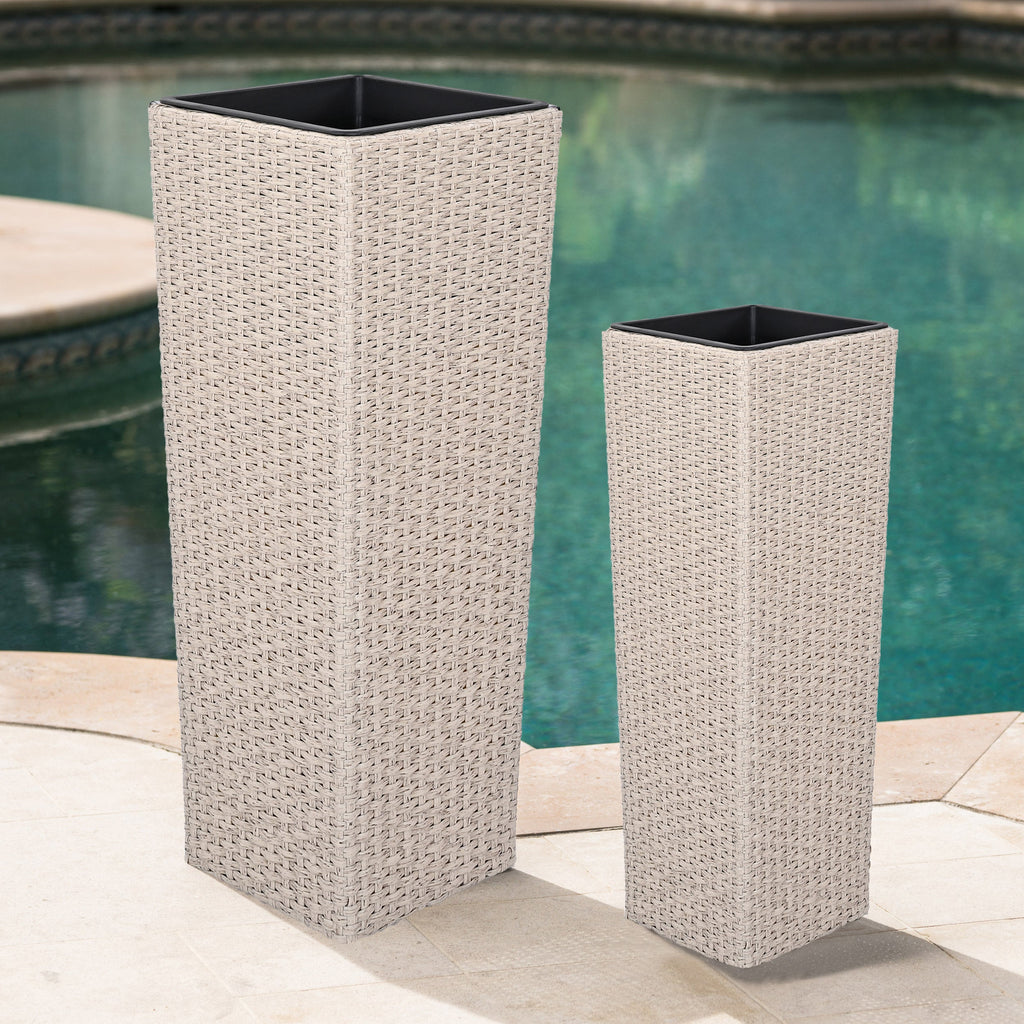 Outdoor PE Wicker Flower Pots 2-Piece Set Beige