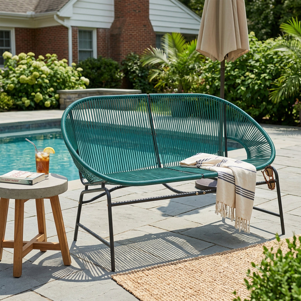 Green PE Rattan Outdoor Patio Wicker Loveseat with Iron Frame