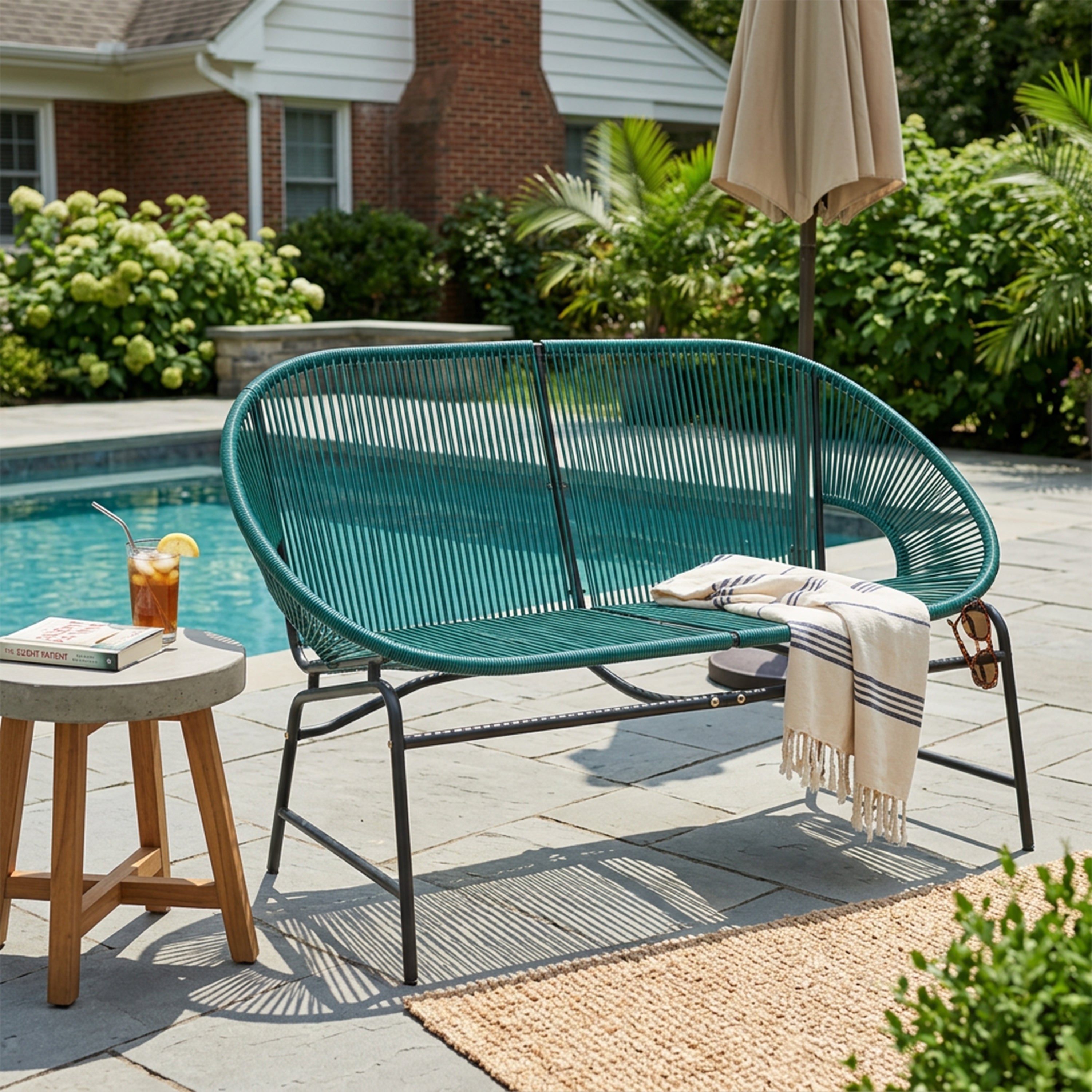 Green PE Rattan Outdoor Patio Wicker Loveseat with Iron Frame