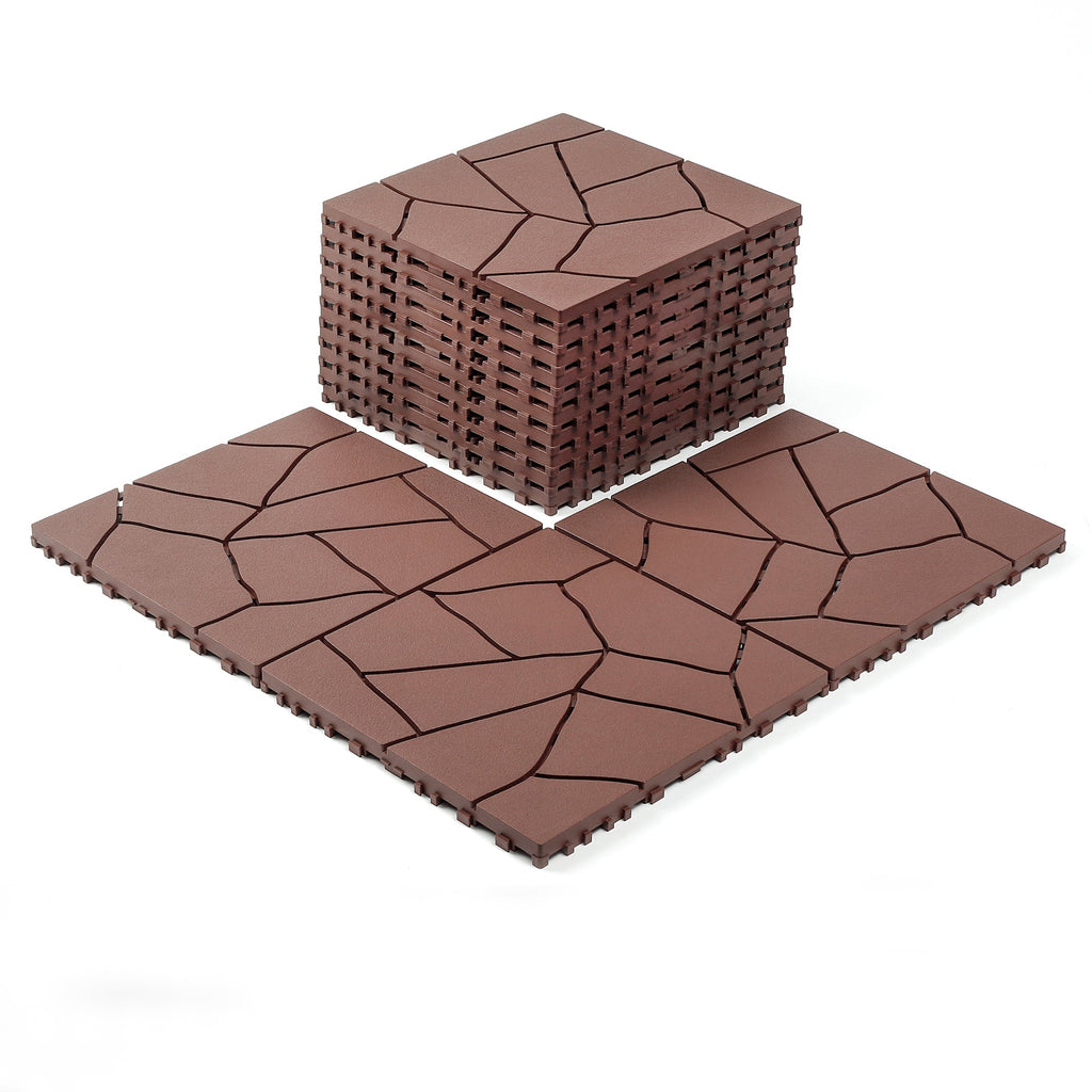 12' Patio Deck Interlocking Tiles Stone Style Red Brown 44pc