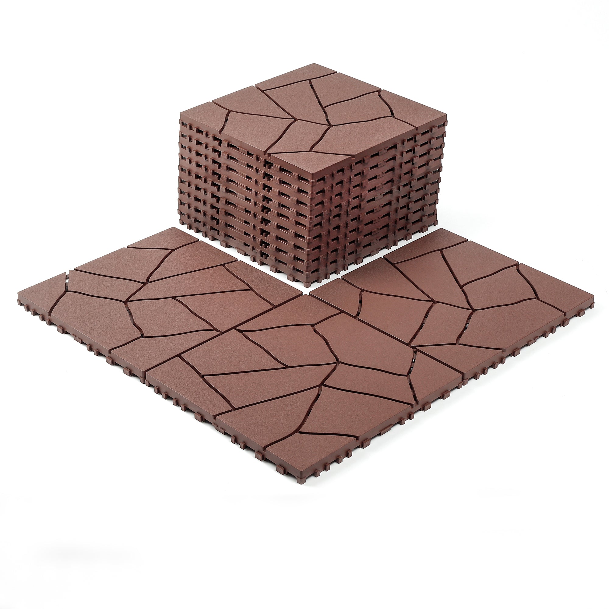 12' Patio Deck Interlocking Tiles Stone Style Red Brown 44pc