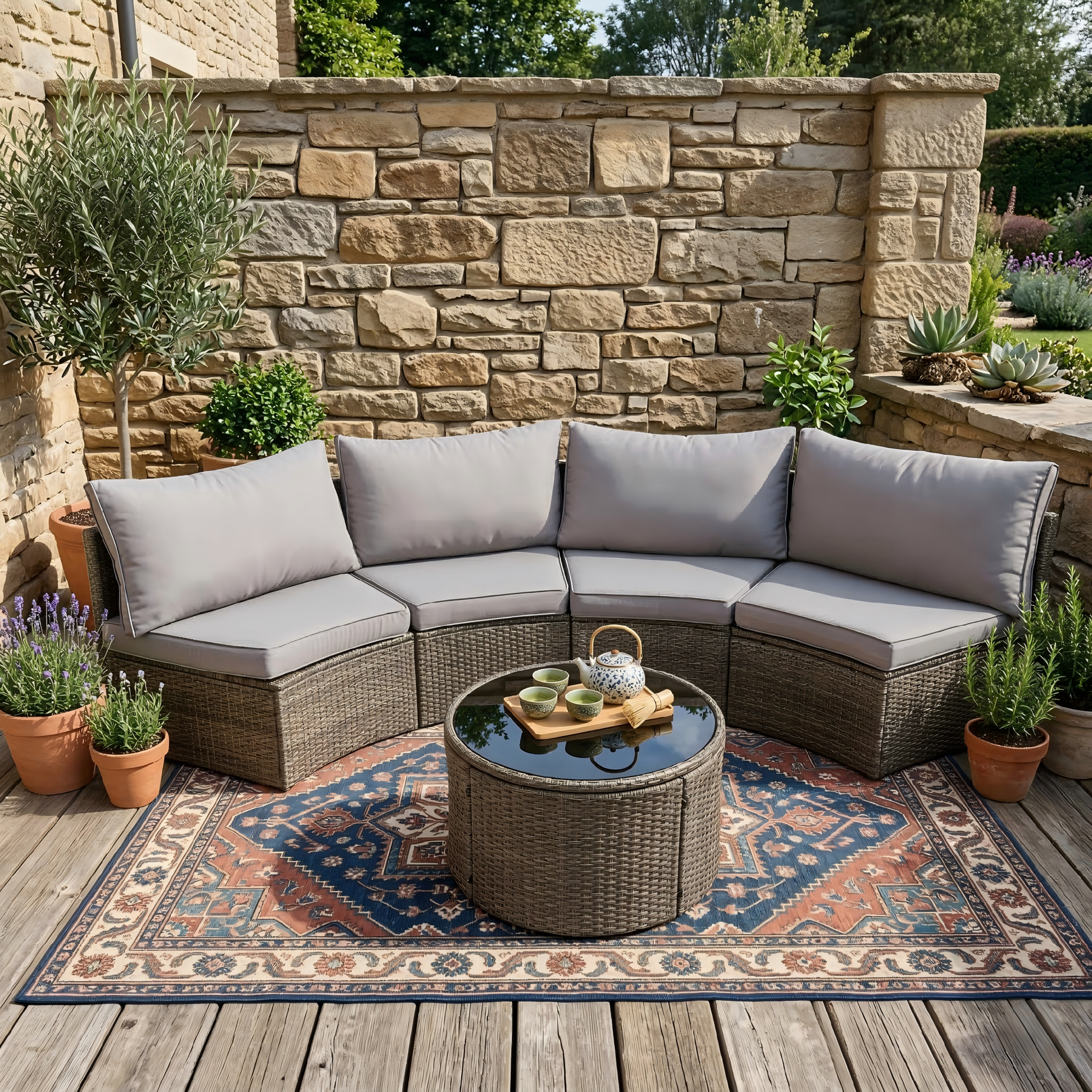 Outdoor Sectional Set PE Rattan Steel Gray 8 Piece Half Moon Seats 6