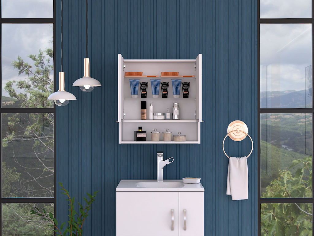 White Mirror Cabinet with Shelves and Double Doors