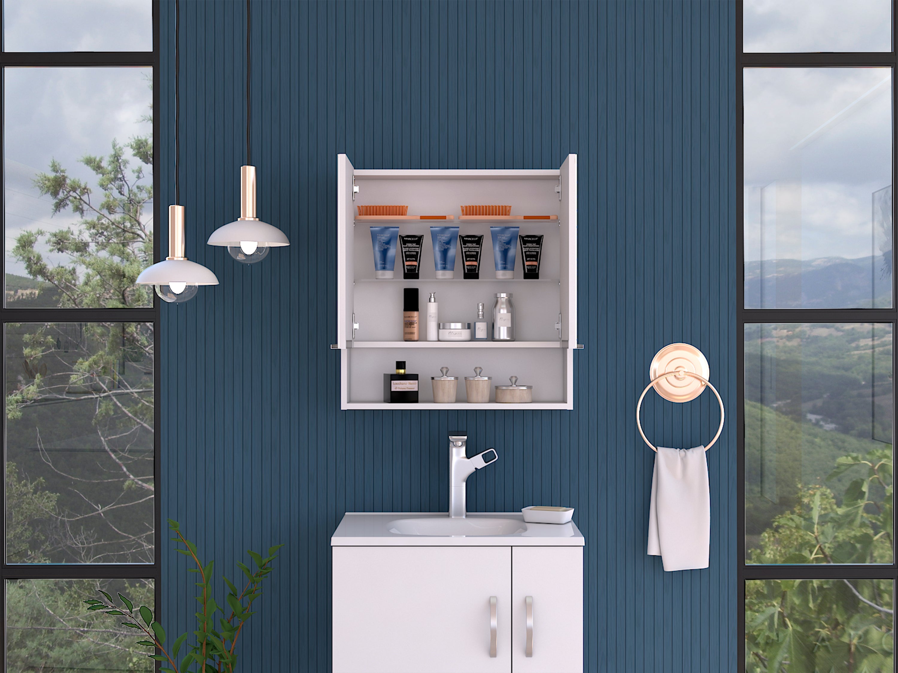 White Mirror Cabinet with Shelves and Double Doors