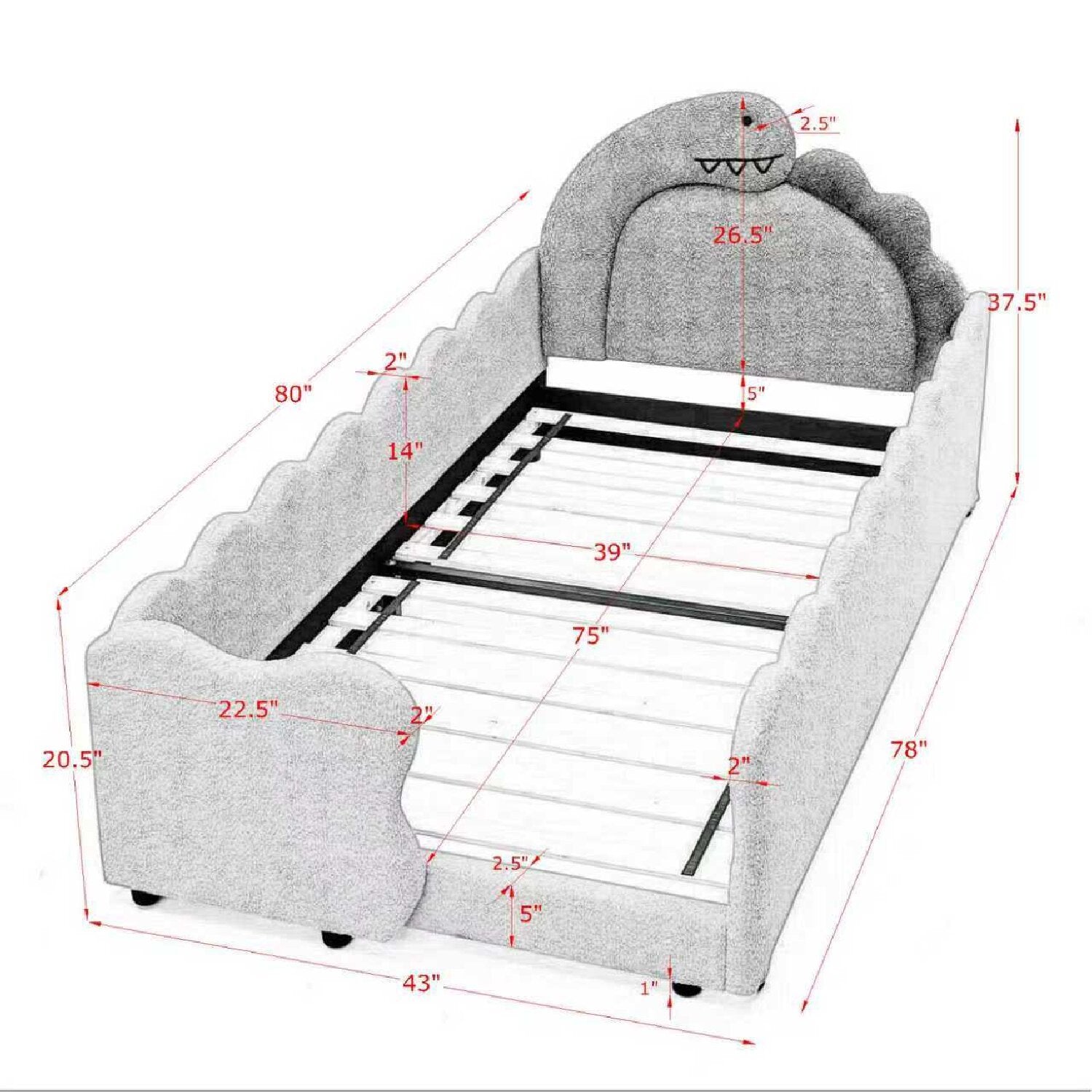 Twin Size Dinosaur Kids Bed Frame, Navy Blue Boucle Fabric