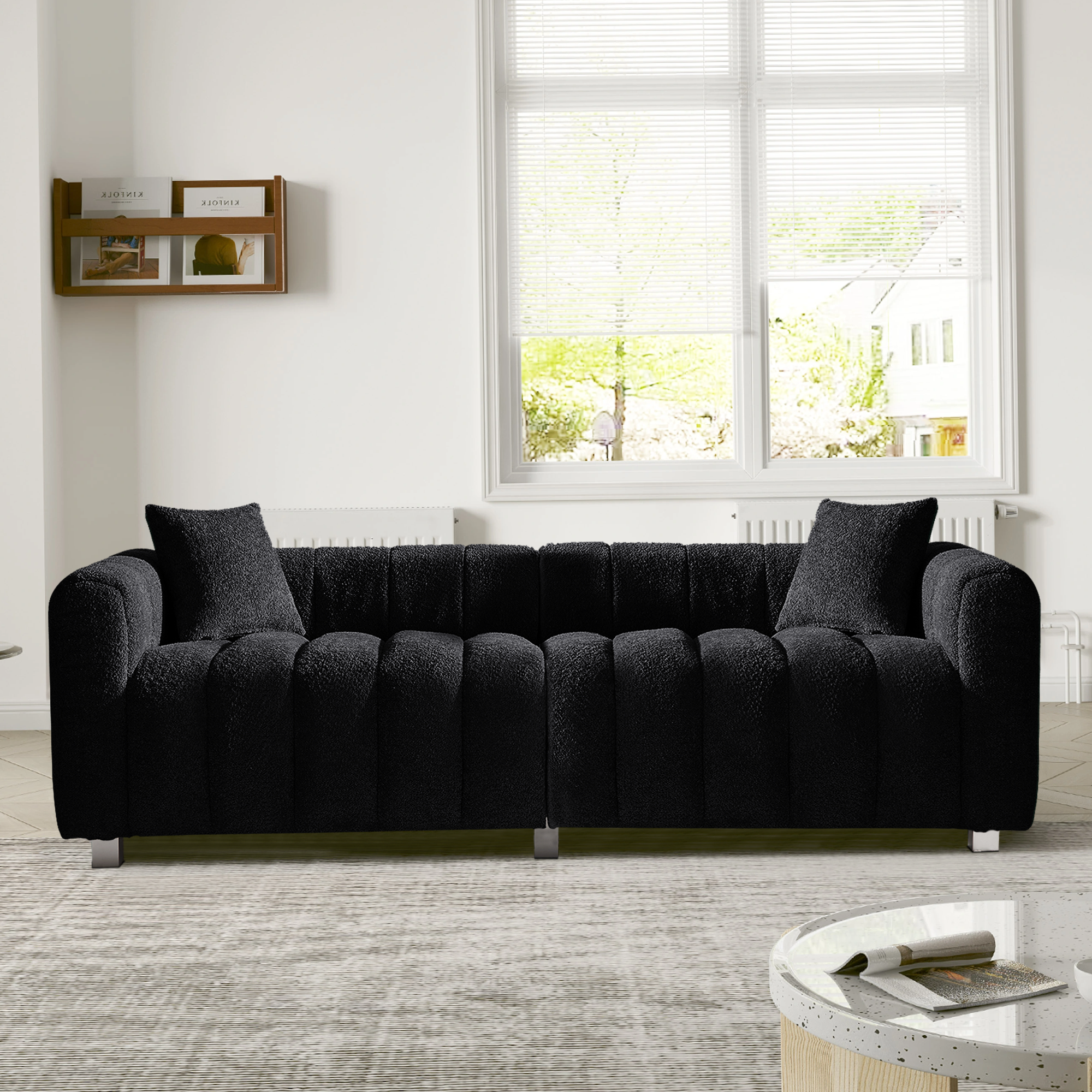 Sofa Modular Velvet Teddy Black 3 Seat Metal Legs 87 In 750 LB
