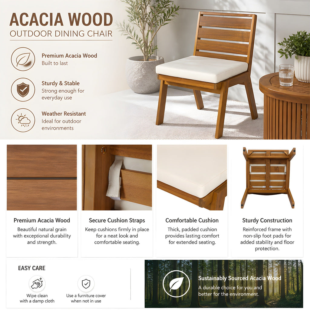 Outdoor Dining Chairs Set of 2 Acacia Wood Patio Beige Cushion