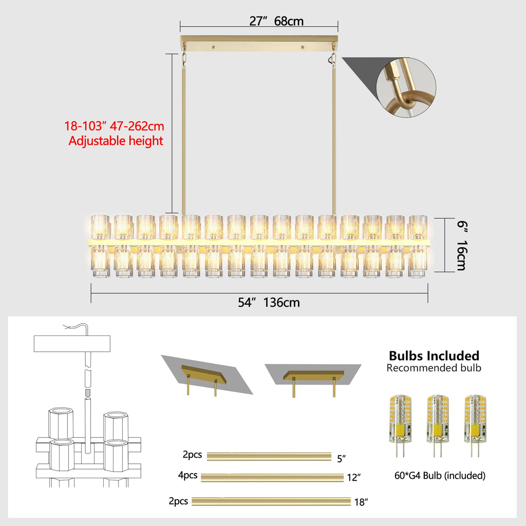 Chandelier Crystal Brass Rectangle Gold 54 In Kitchen Island 60 G4 Bulbs