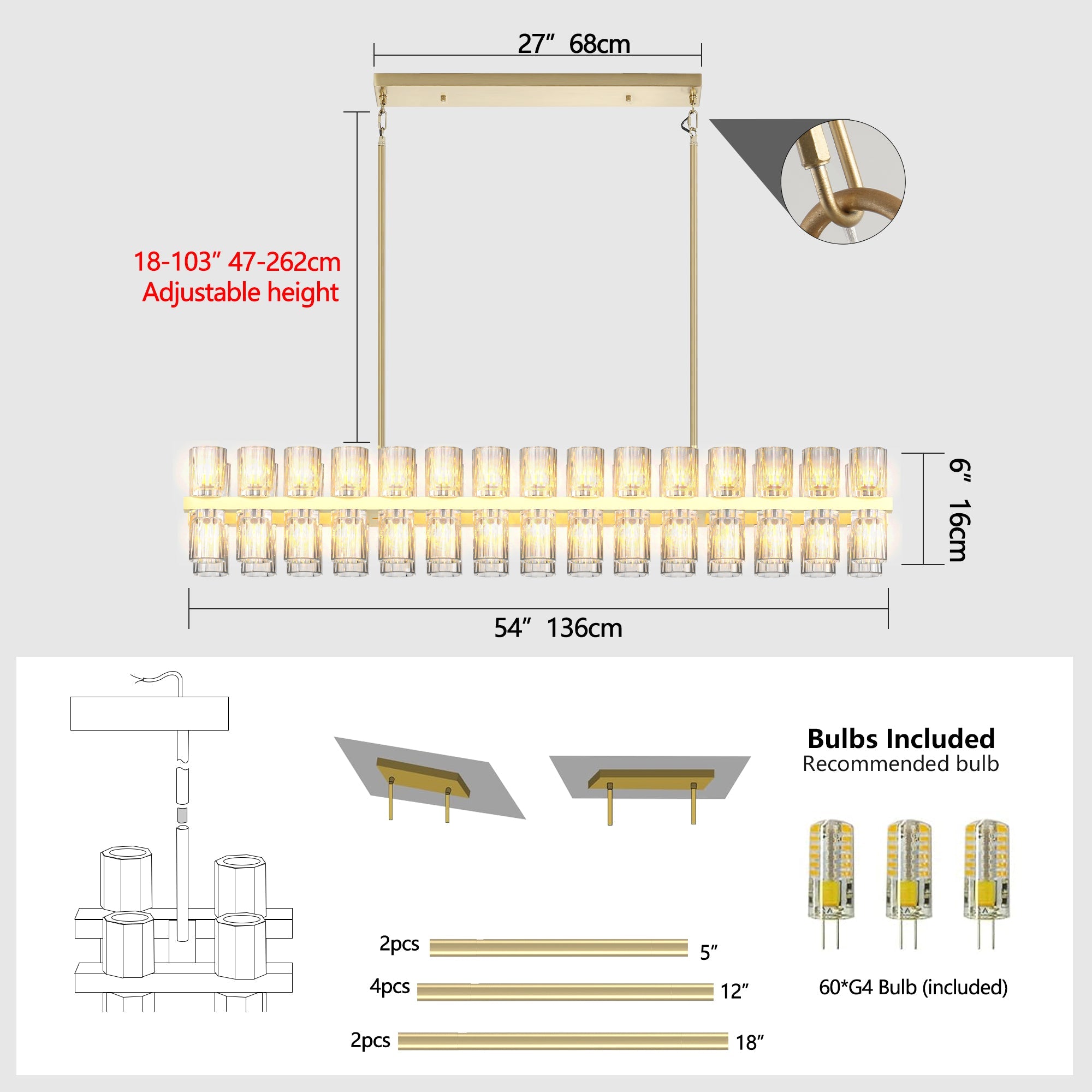 Chandelier Crystal Brass Rectangle Gold 54 In Kitchen Island 60 G4 Bulbs