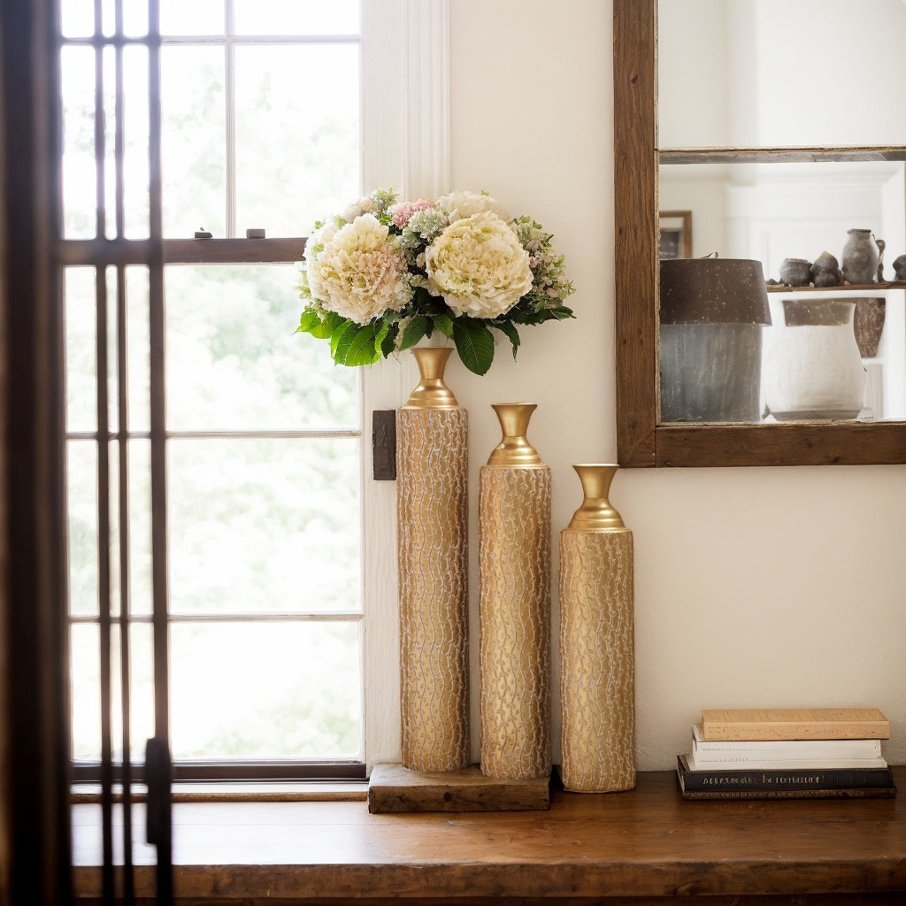 Set of 3 Gold Distressed Metal Vases with Vine Pattern 34