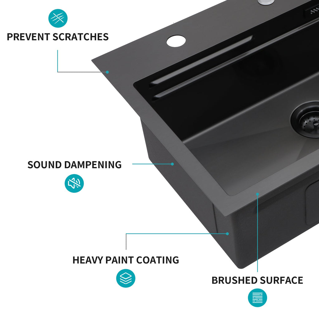 Gunmetal Black Waterfall Kitchen Sink 31.5" Pull-Out Faucet