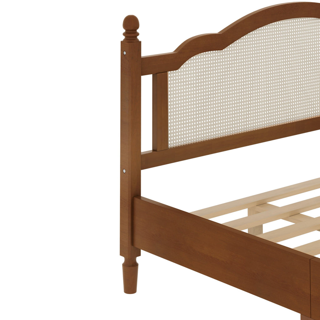 King Size Walnut Wooden Platform Bed with Rattan Headboard