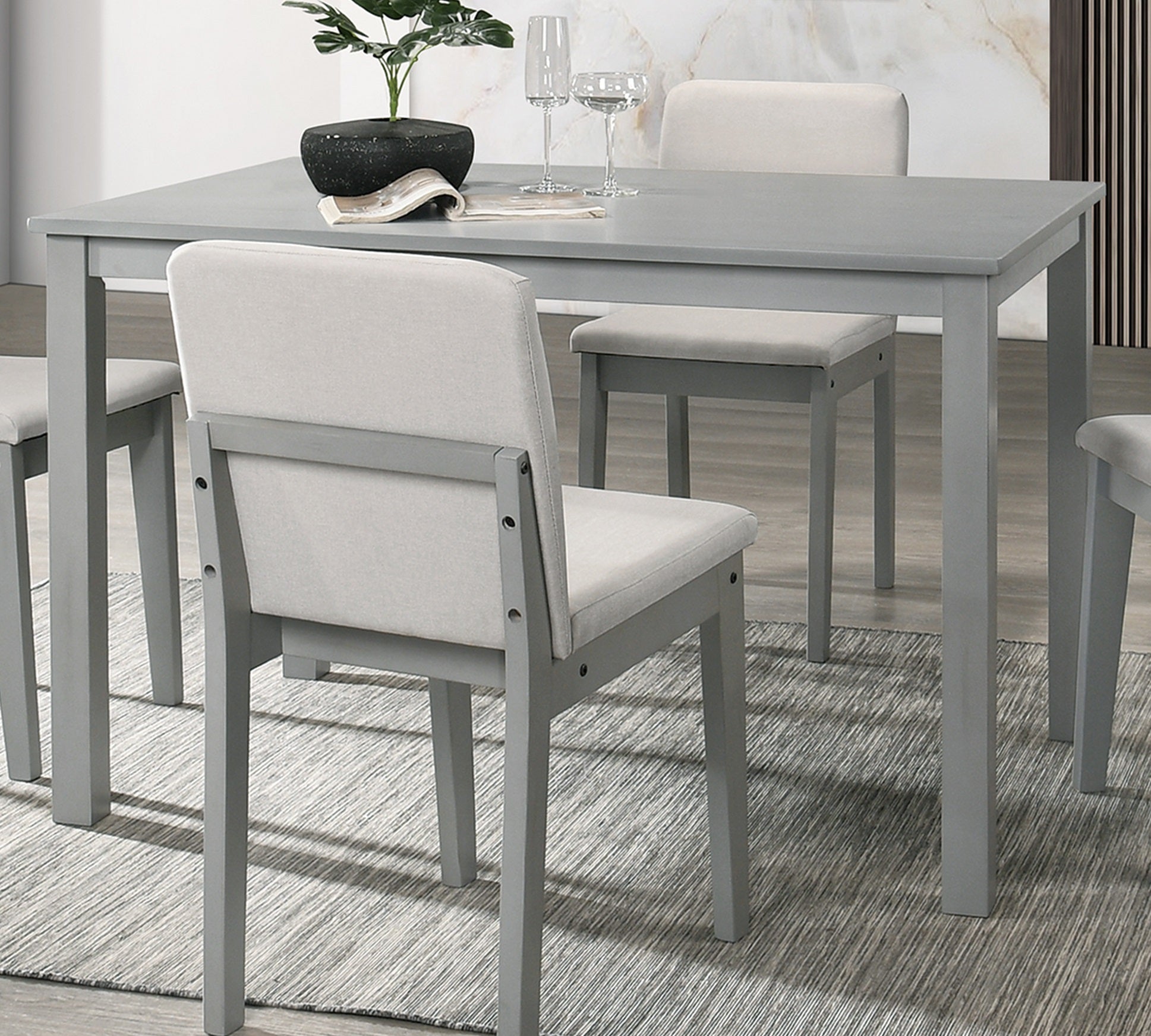Grey 5-Piece Dining Set with Table and Beige Fabric Chairs