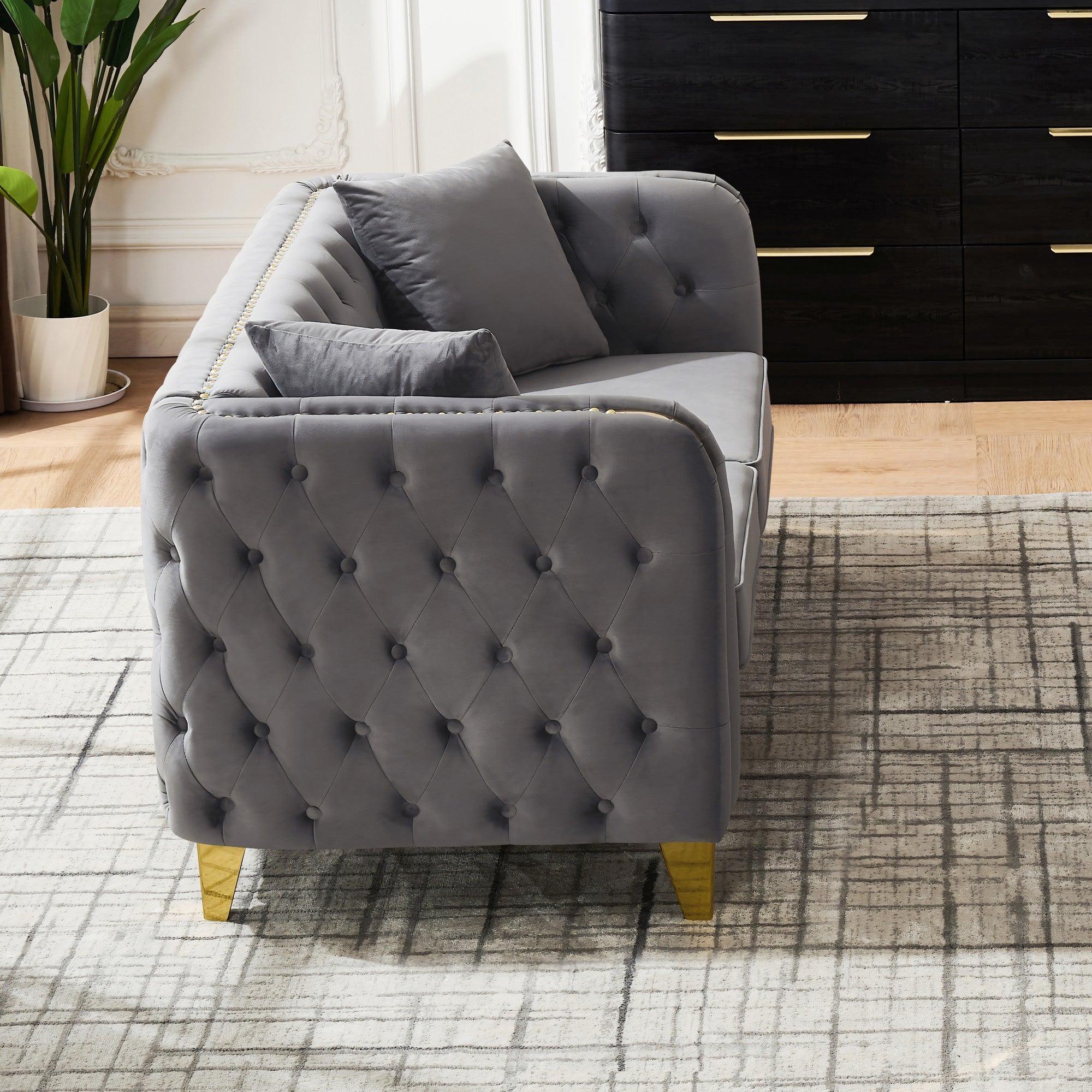61" Velvet Button Tufted Chesterfield Loveseat Sofa Gold Legs