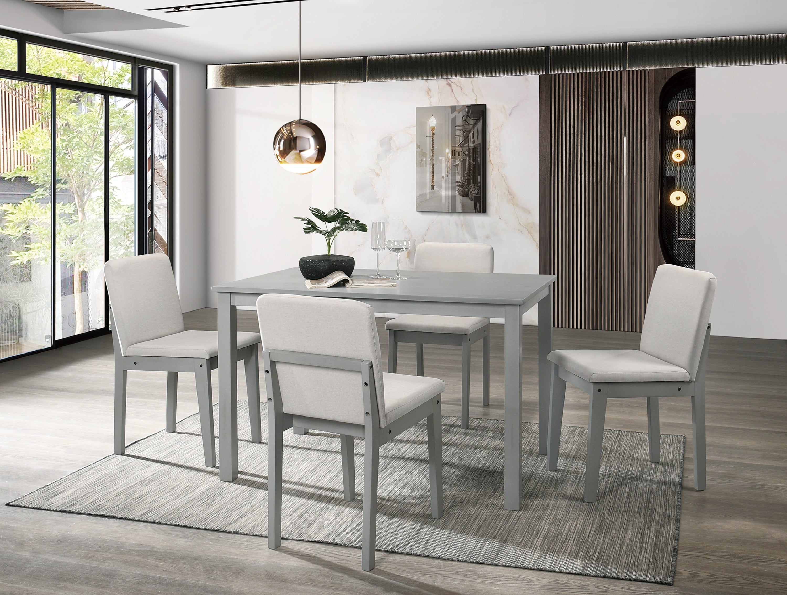 Grey 5-Piece Dining Set with Table and Beige Fabric Chairs