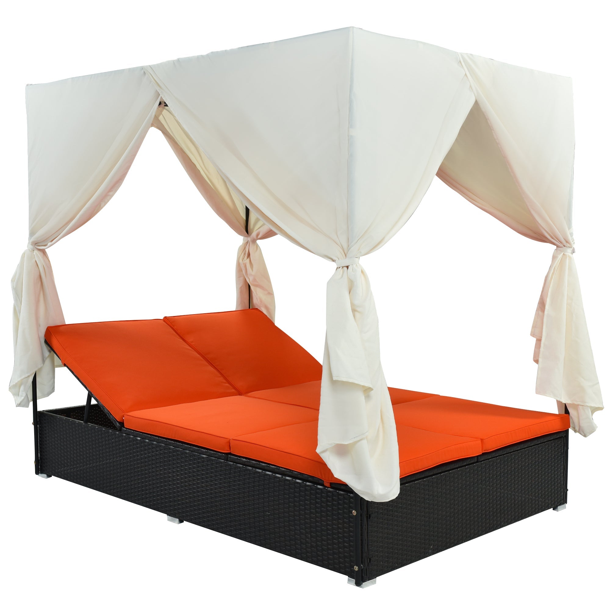 Outdoor Double Chaise Lounge Daybed with Curtains,Patio Outdoor Sunbed with