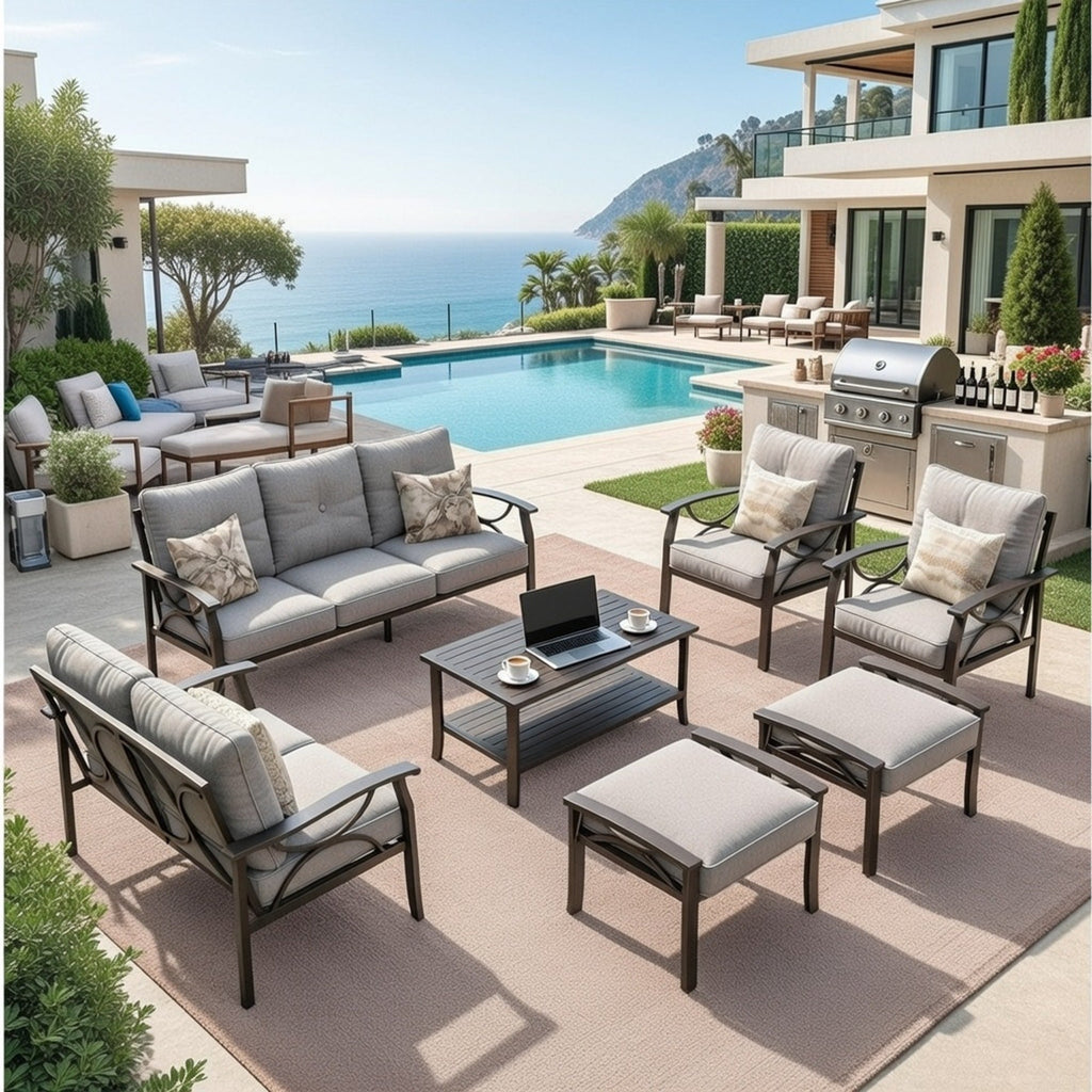 Outdoor Patio Set Steel 7 Piece Seats 9 Khaki Gray