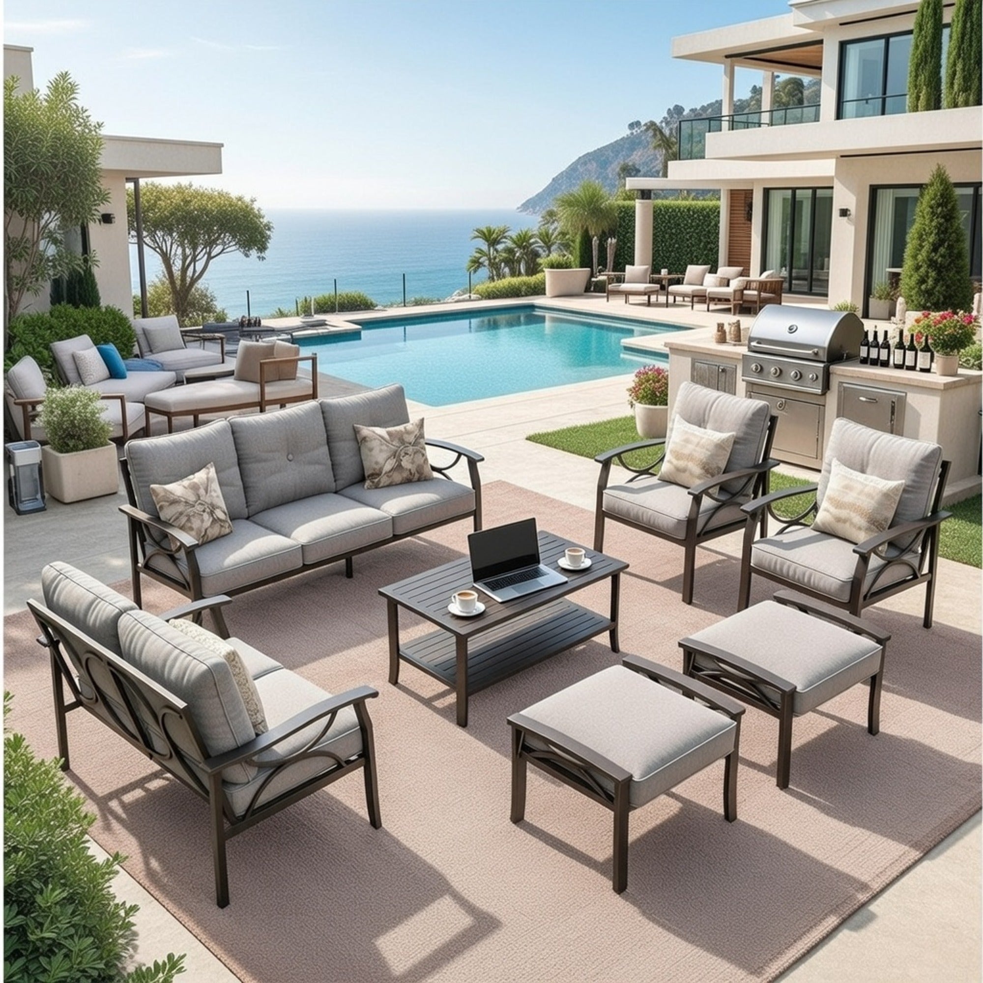 Outdoor Patio Set Steel 7 Piece Seats 9 Khaki Gray